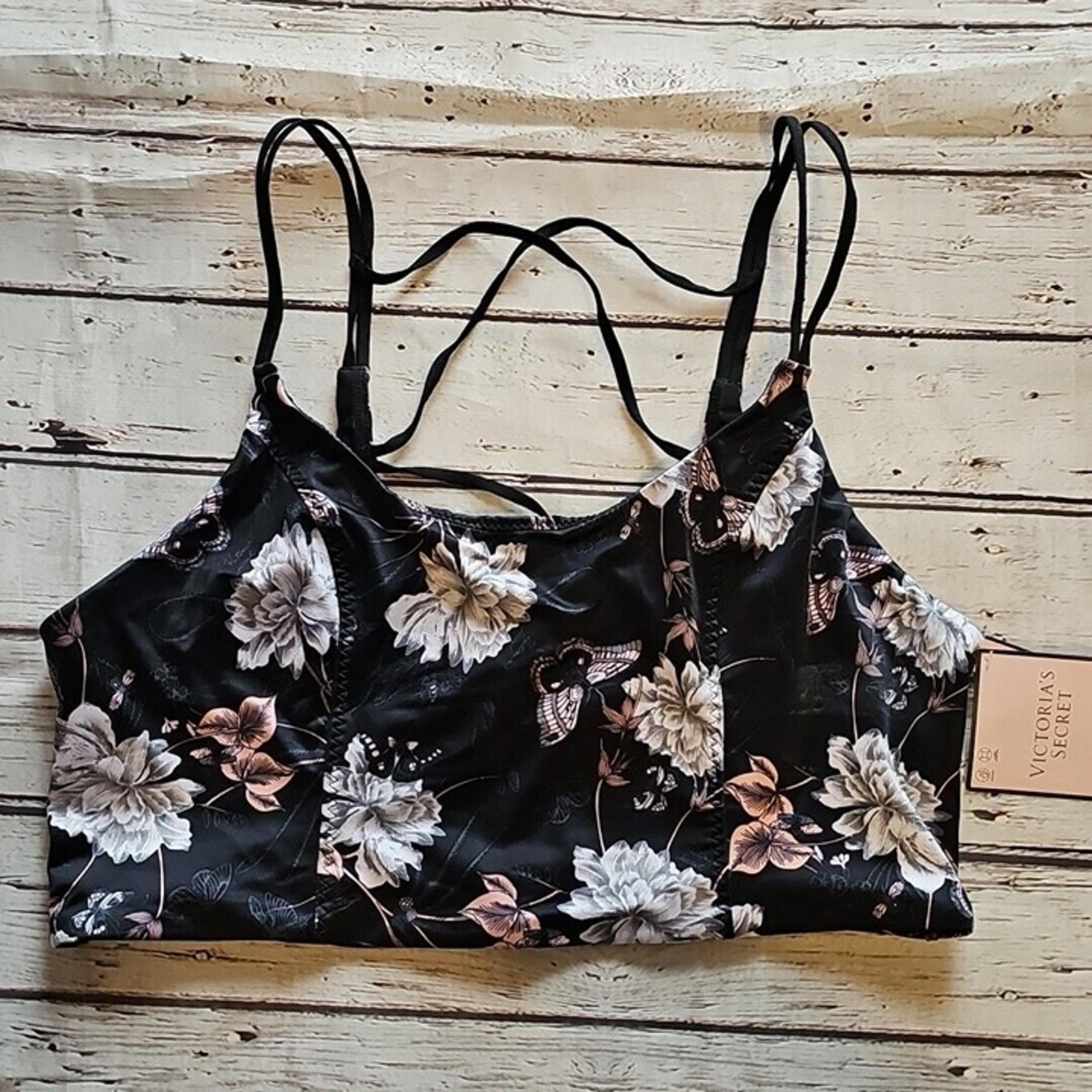 Victorias Secret Lightly Lined Strappy Back Sports Bra Black Floral XL Wicking