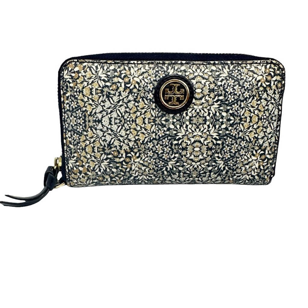 Tory Burch Kerrington Kaleidoscope Wristlet Wallet Navy Blue Gold Zipper