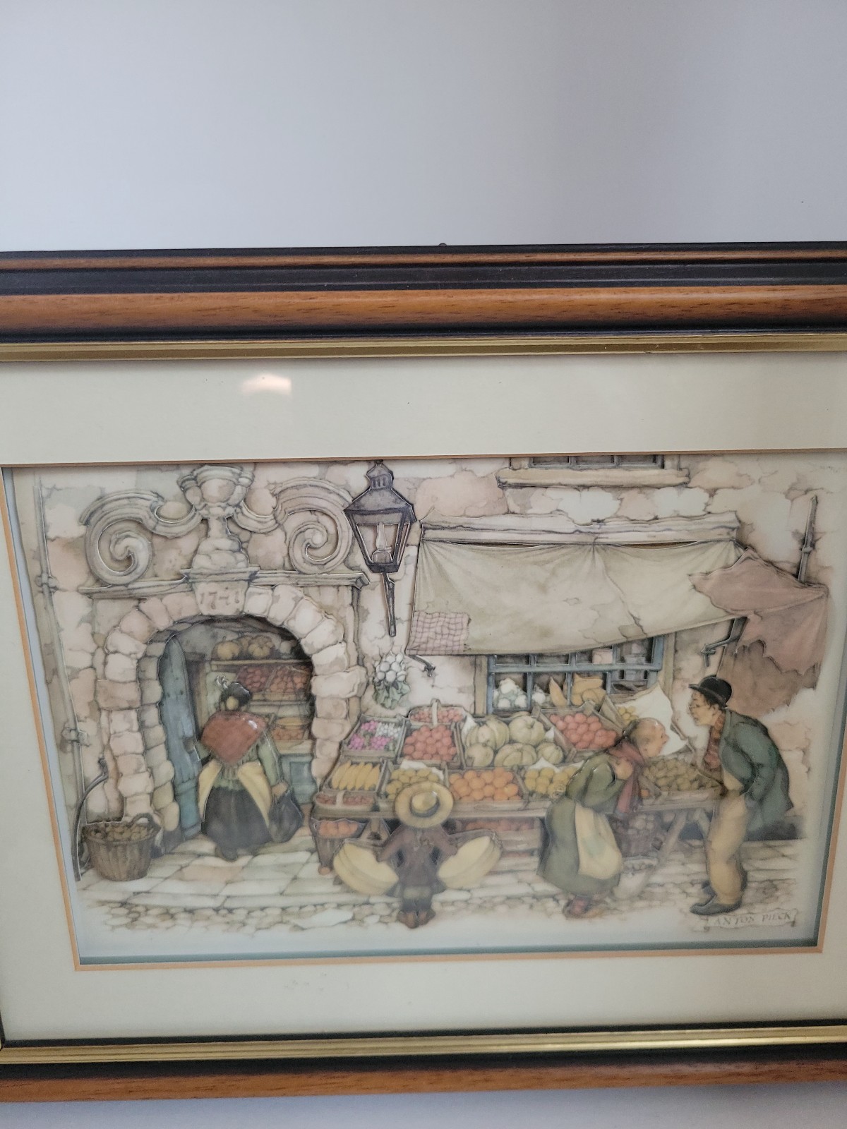 1968 Anton Pieck 3D Shadow Box Art Wall Hanging Fruit Market Store Front