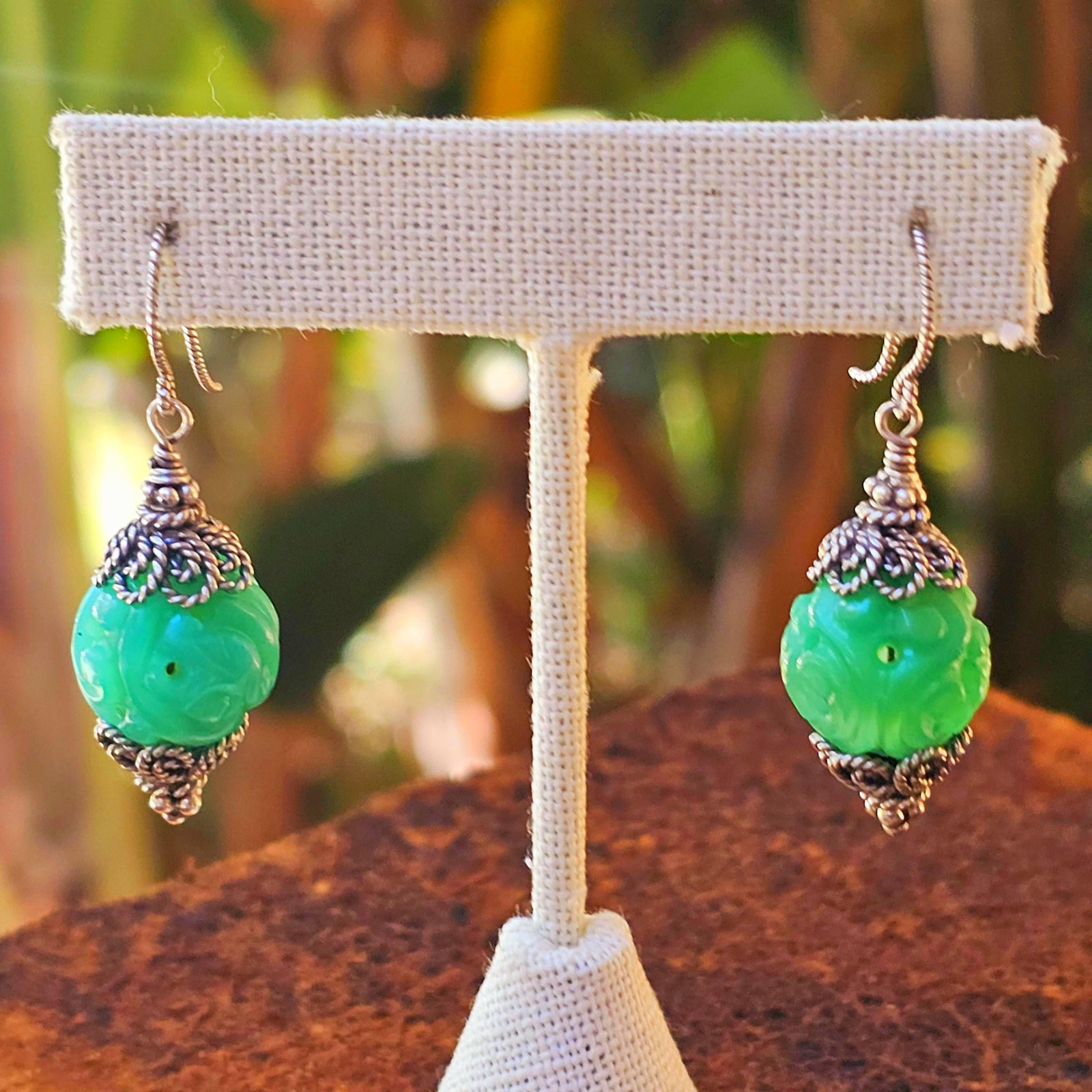 Chrysoprase Carved Sterling Silver Filigree Earrings