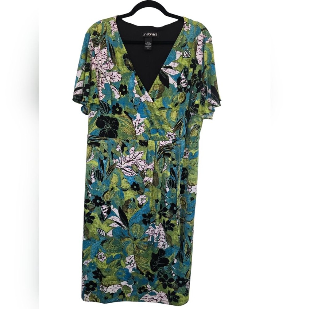 Lane Bryant 18/20 Stretchy Faux Wrap Floral Leaves Green Dress