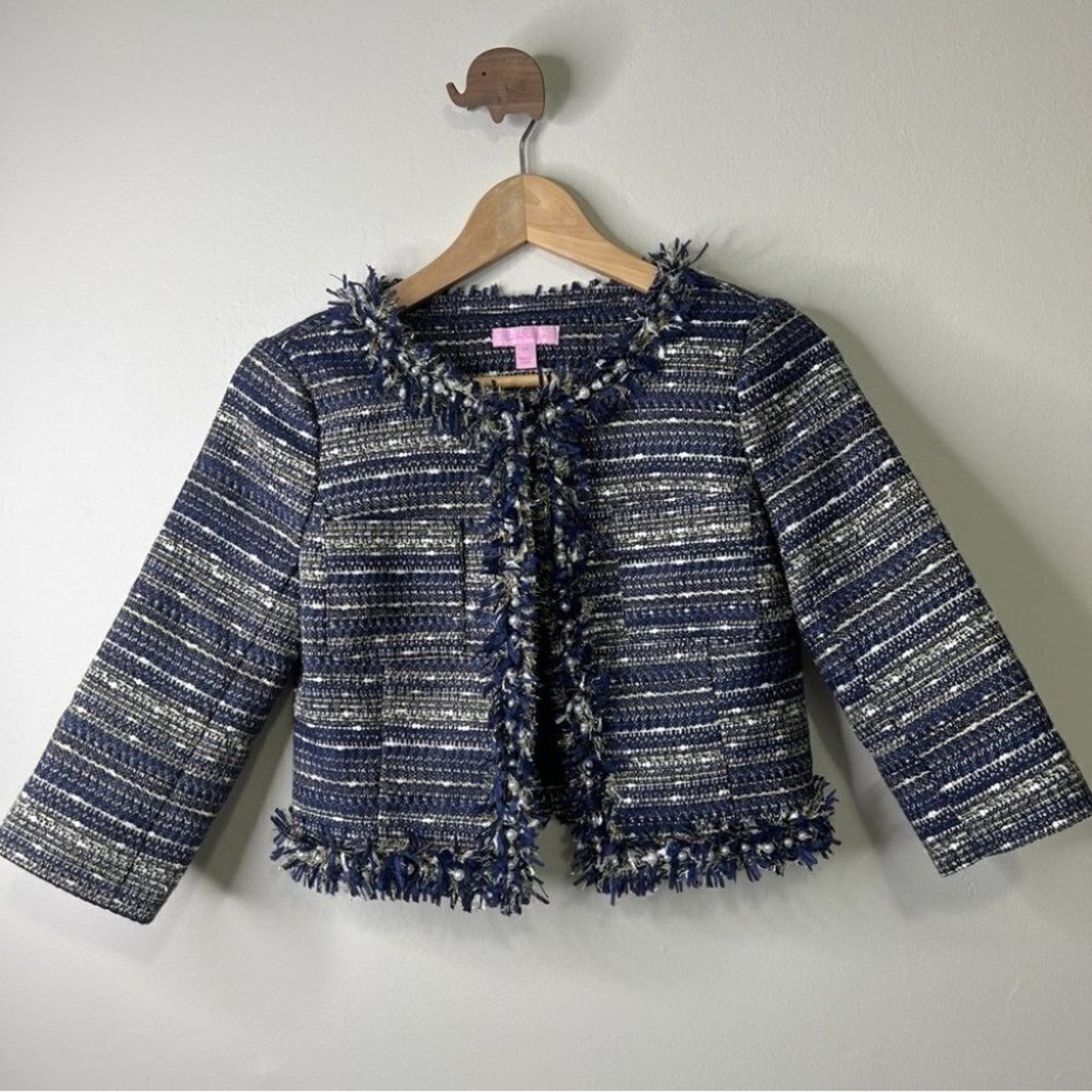 Lilly Pulitzer Hagen Jacket Metallic Boucle True Navy Blue Gold Pearl