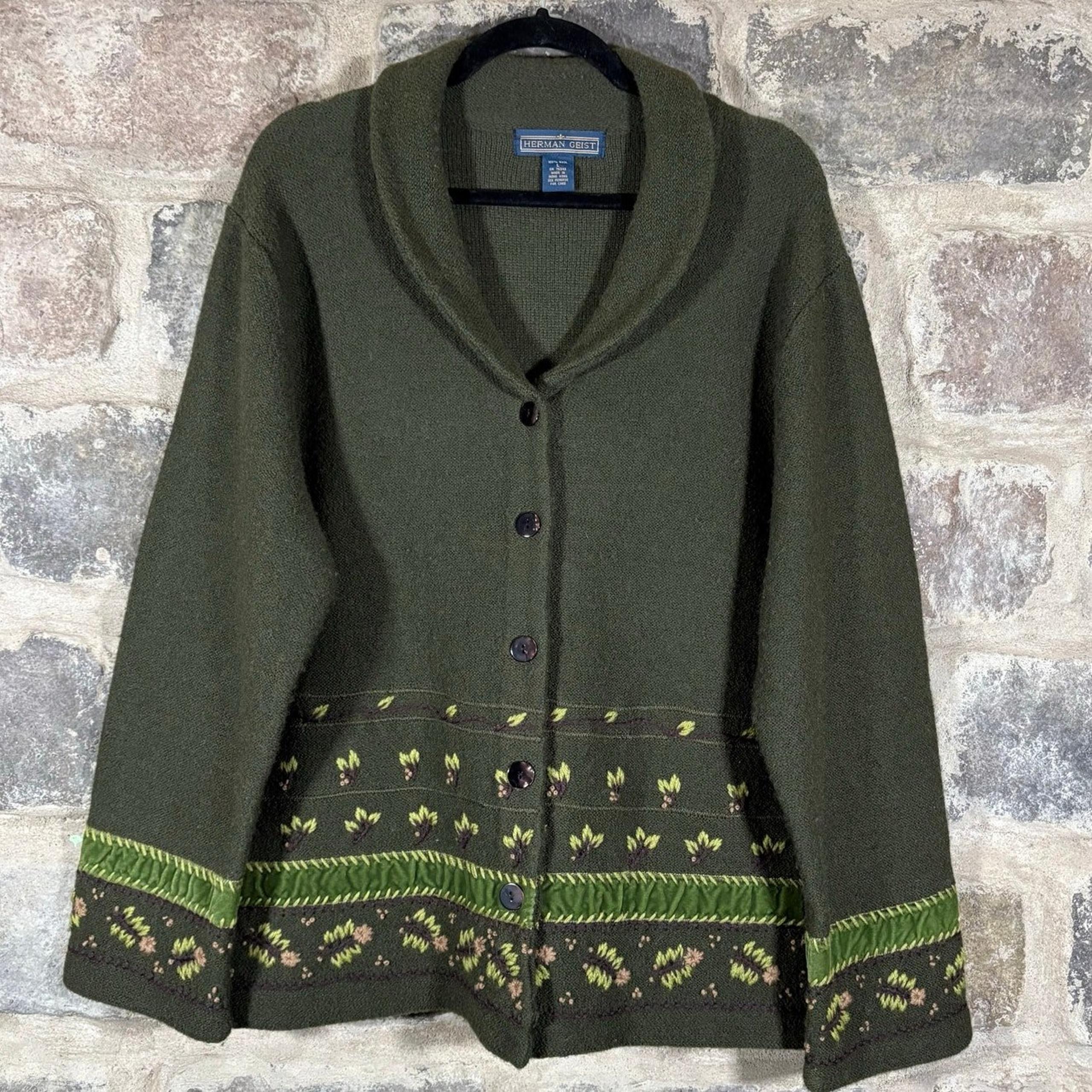 VTG Cardigan Sweater Woman's Large Green Knit Wool Embroidered - Herman Geist