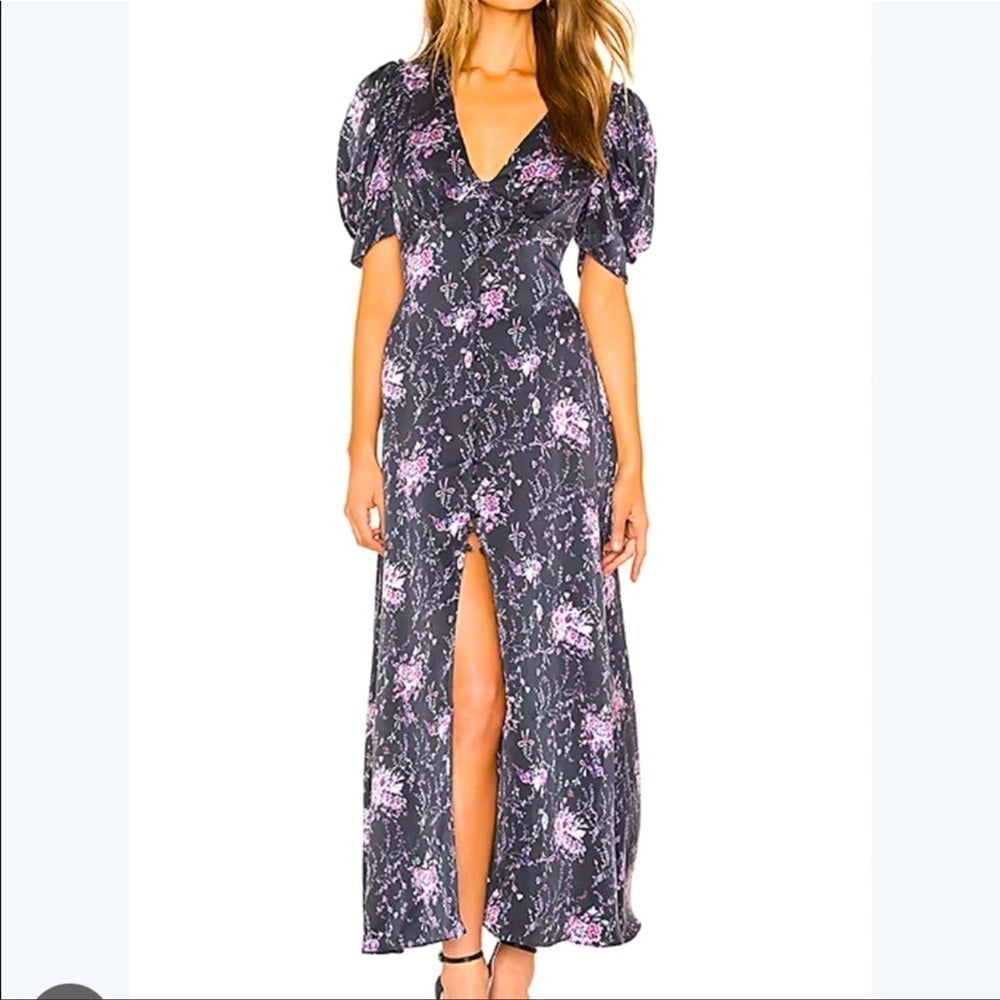 LOVESHACKFANCY Delaney silk floral high slit maxi puff sleeve dress size XS