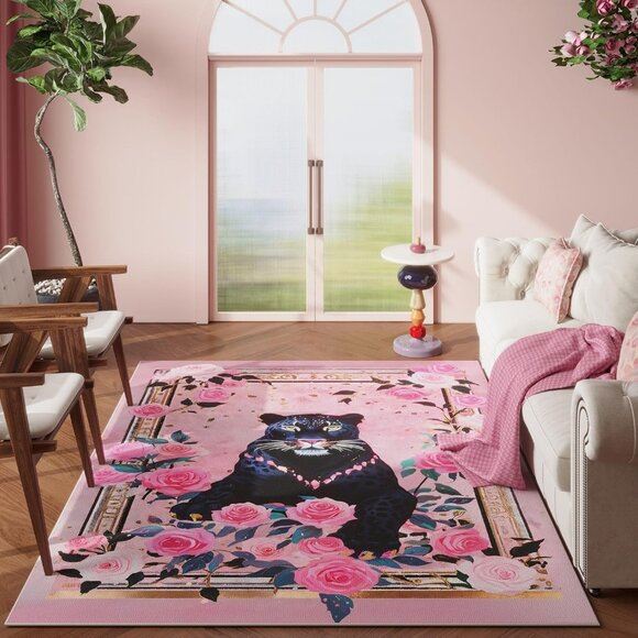 New 5x7 Leopard Area Rug, Washable Non-Slip Floral Vintage Carpet for Room Decor