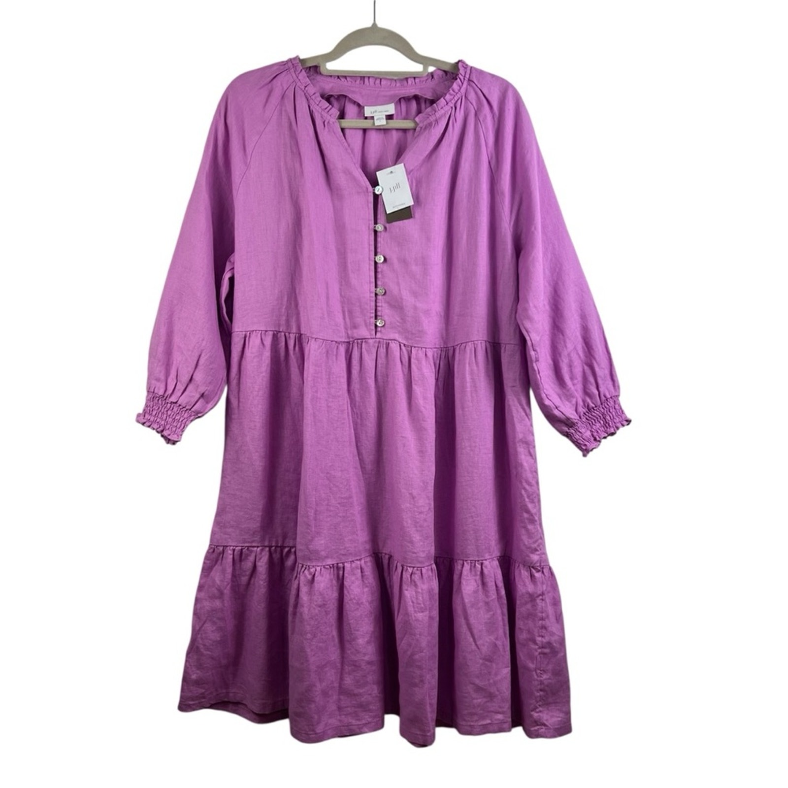 J. Jill New Purple 100% Linen Tiered Midi Dress Large Ruffle Neck Long Sleeve