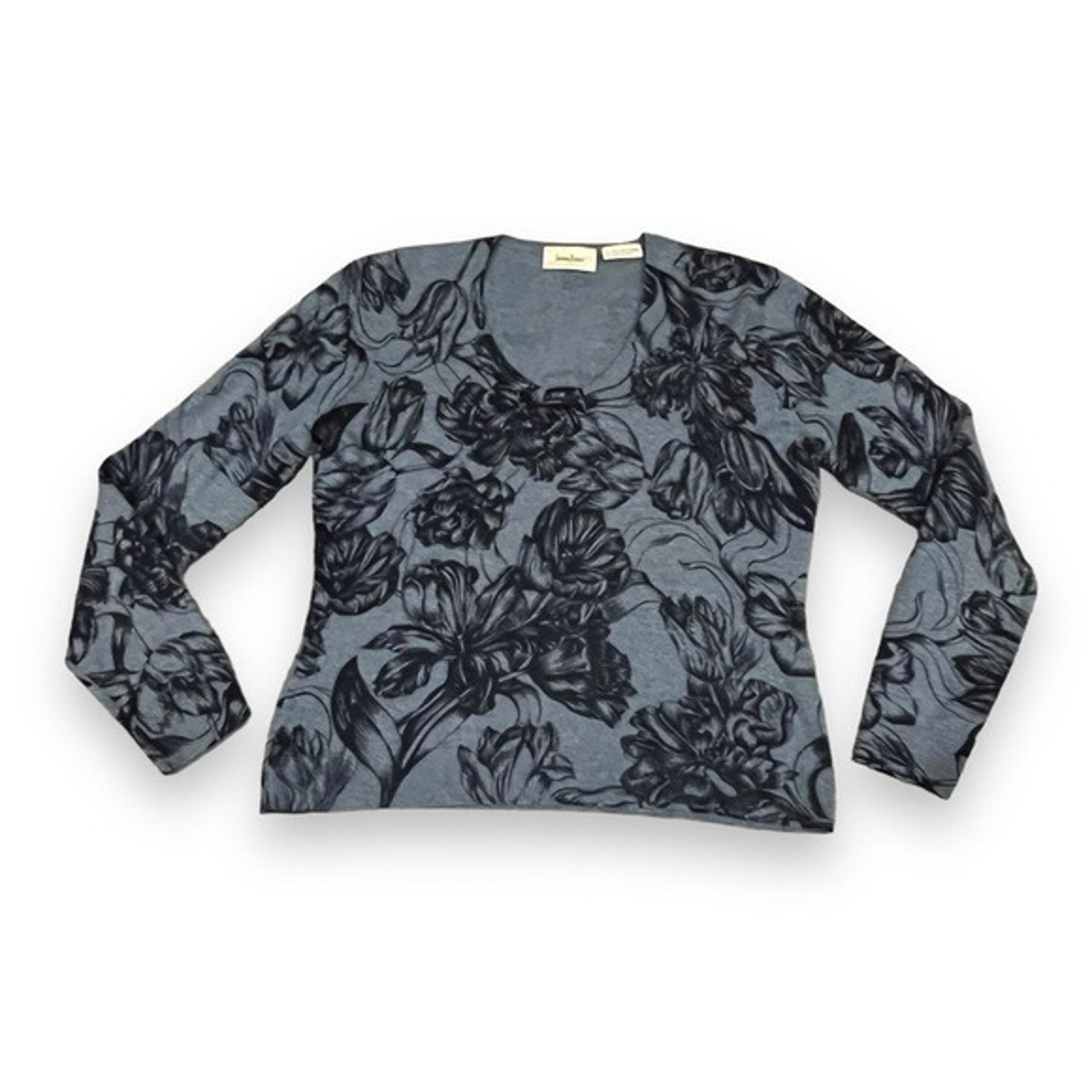 Neiman Marcus 100% Cashmere Sweater Cropped ScoopNeck Pullover Blue Floral Small