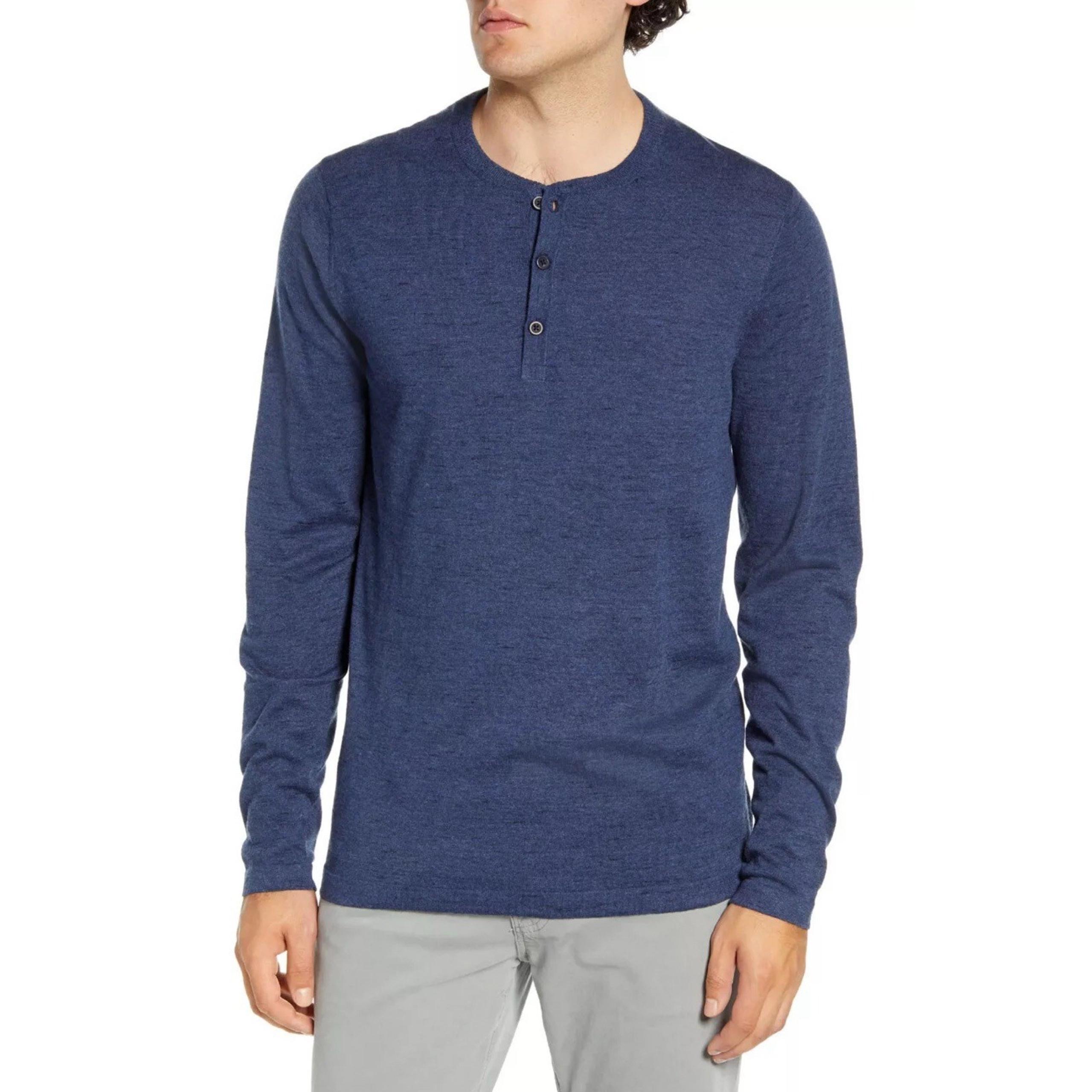 Nordstrom Mens Long Sleeve Crew Neck Henley Soft Light Navy Sweater Size Large