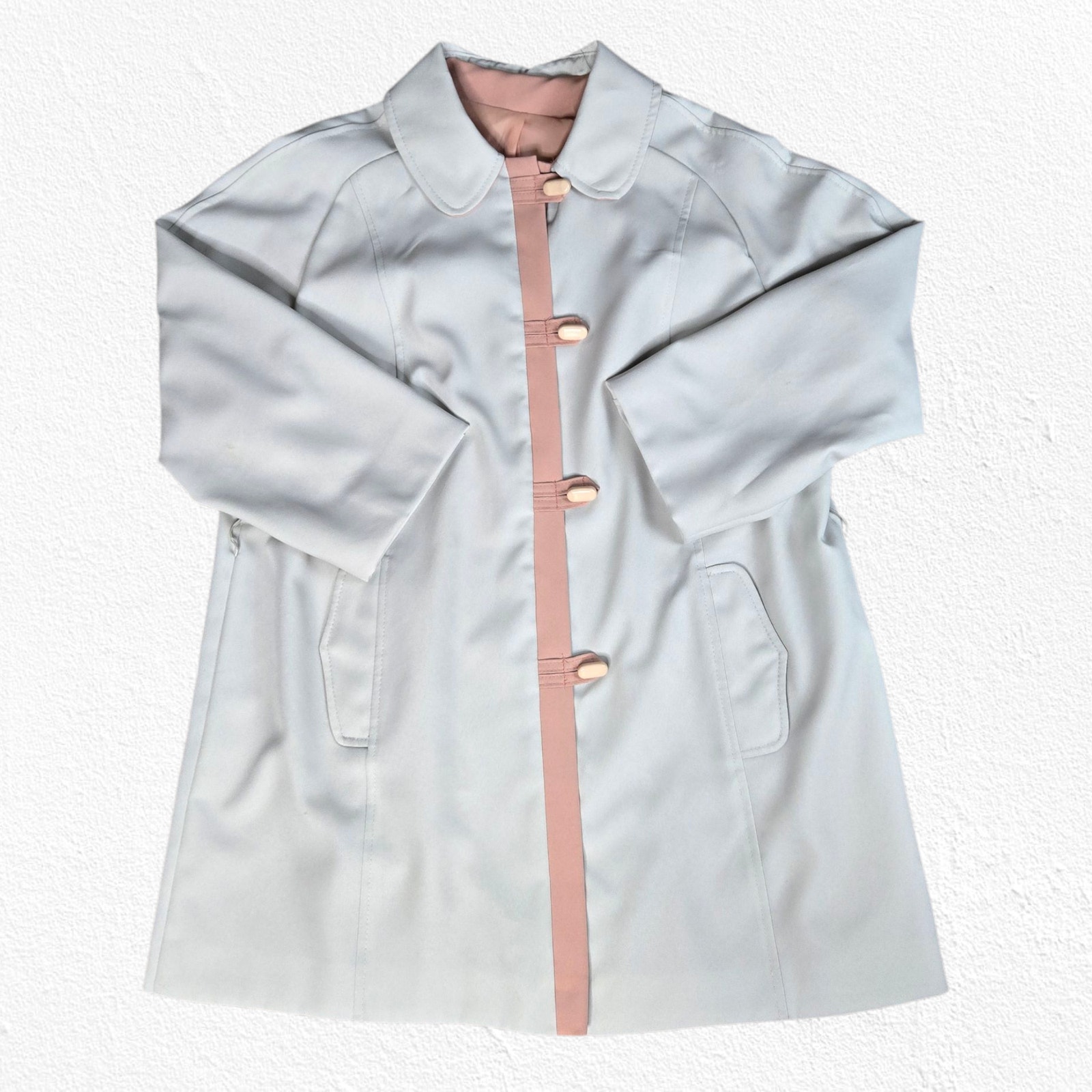 1970s Vintage Beige Mod Pink Color Block Swing Union Made Trench Coat Size 14