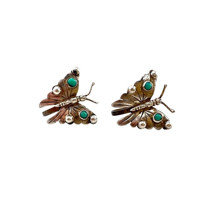 Vintage Sterling Silver & Turquoise Butterfly Screw Back Earrings Made In Mexico