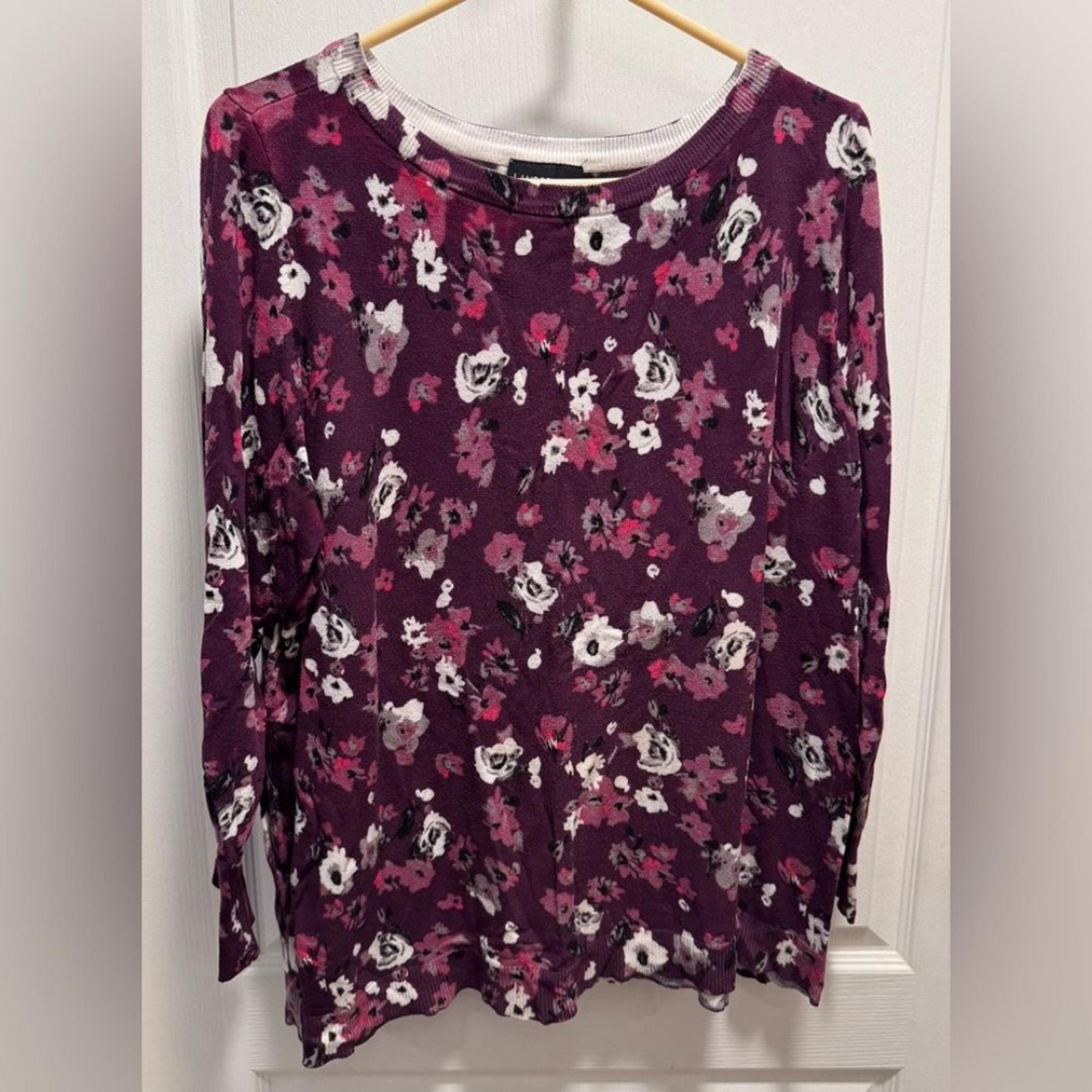 Lane Bryant Burgundy Floral Ruffle Cuff Pullover Sweater Plus Size 14/16