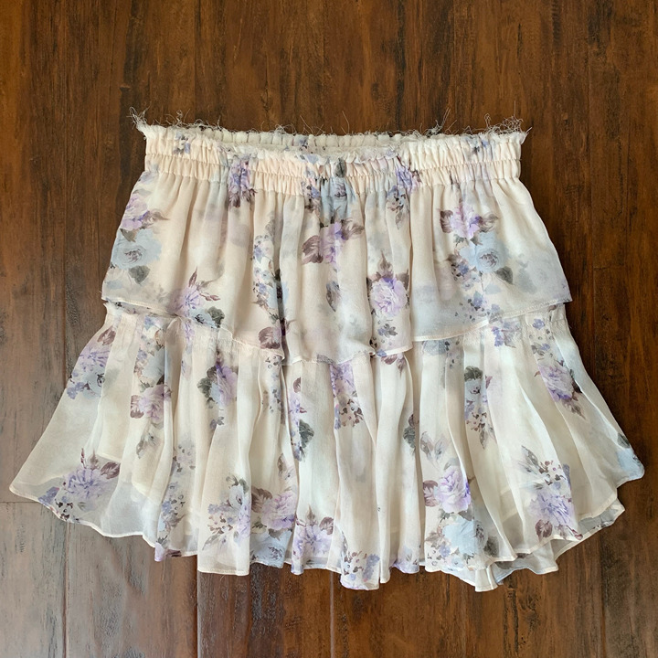LOVESHACKFANCY 100% Silk Tiered Ruffle Mini Skirt Floral Print Multicolor