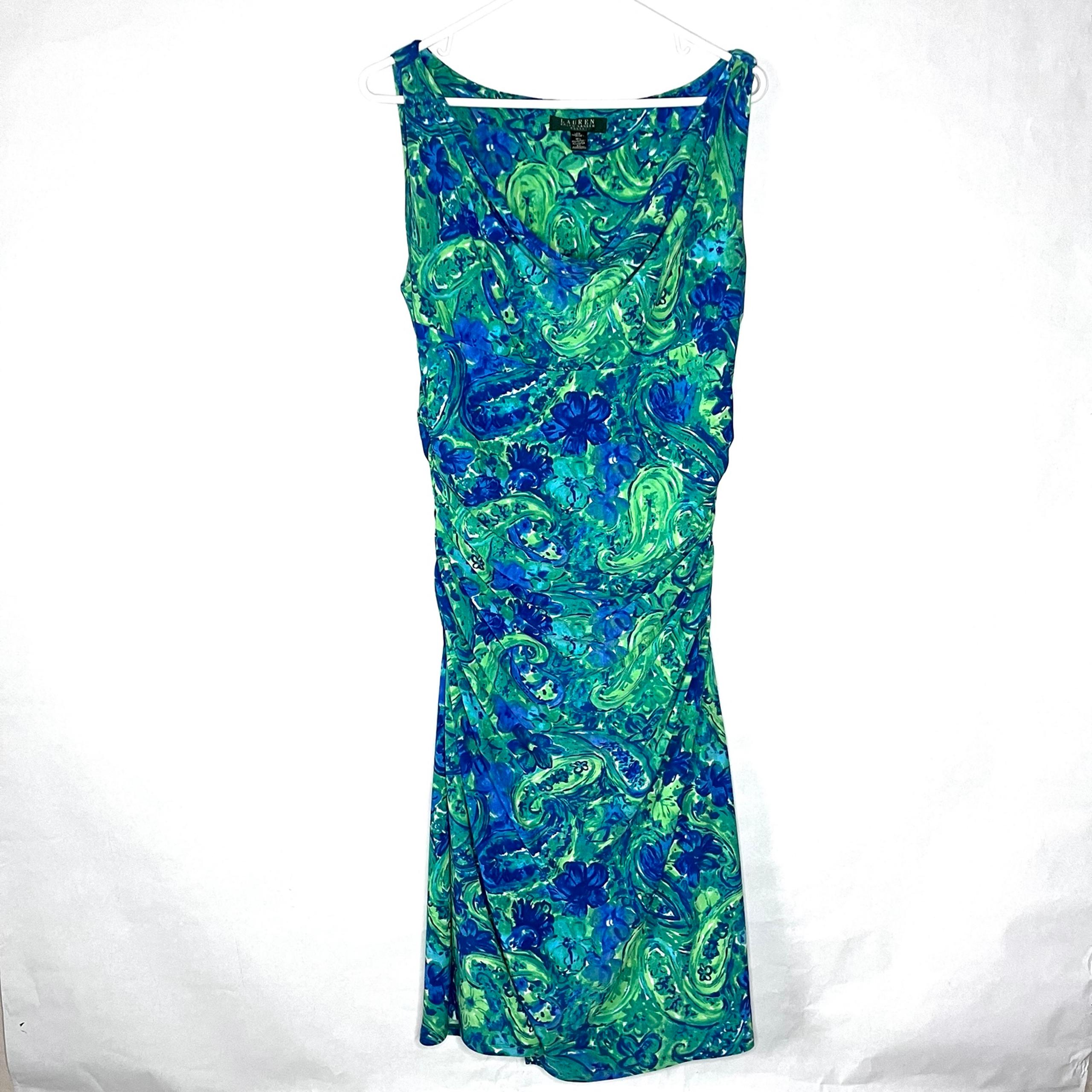 Lauren Ralph Lauren Women’s Sz 10 Sheath Dress Blue Green Sleeveless Ruched