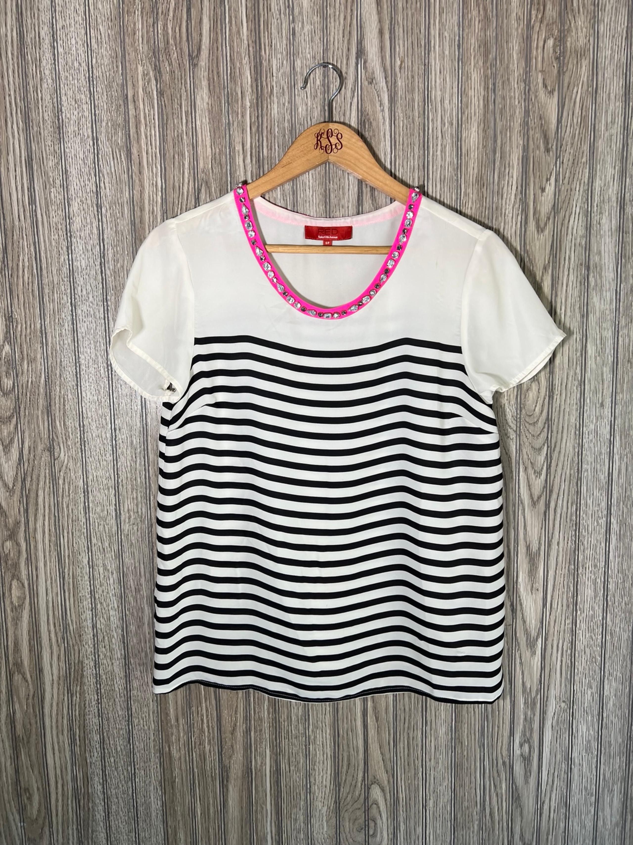 Saks Fifth Avenue Black White Striped Pink Neon Rhinestone Collar Blouse Top