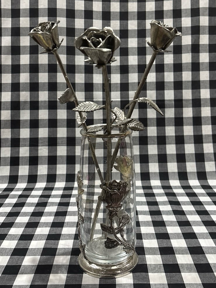 Vintage Glass Vase With Pewter Overlay Art Nouveau With 3 Solid Pewter Roses