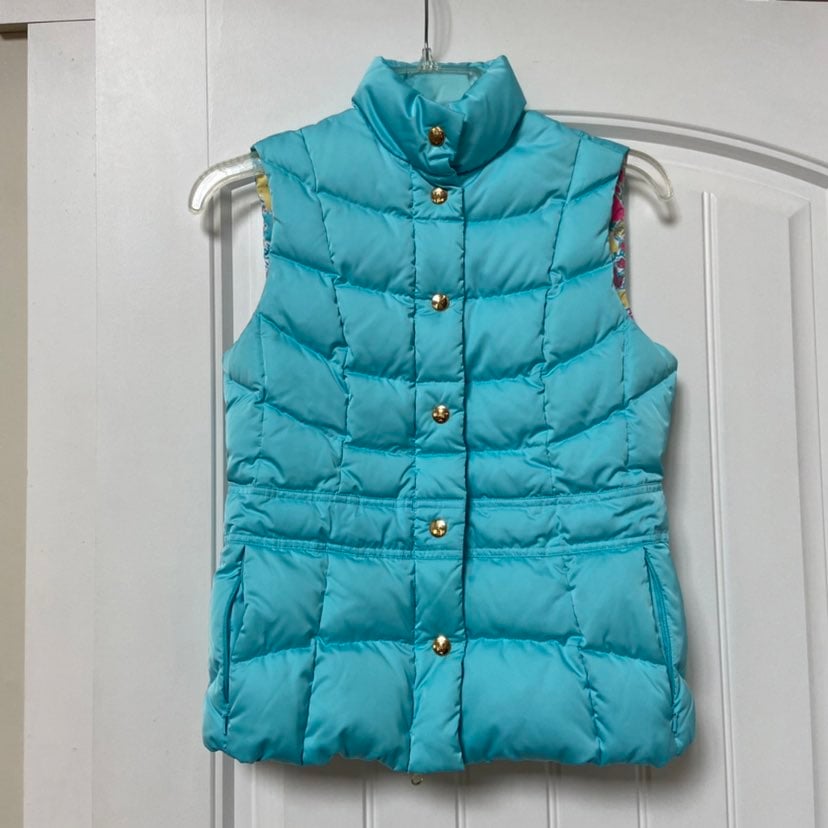 Womens Lilly Pulitzer Lauren Blue Puffer Vest Down Spike the Punch Lining sz XS