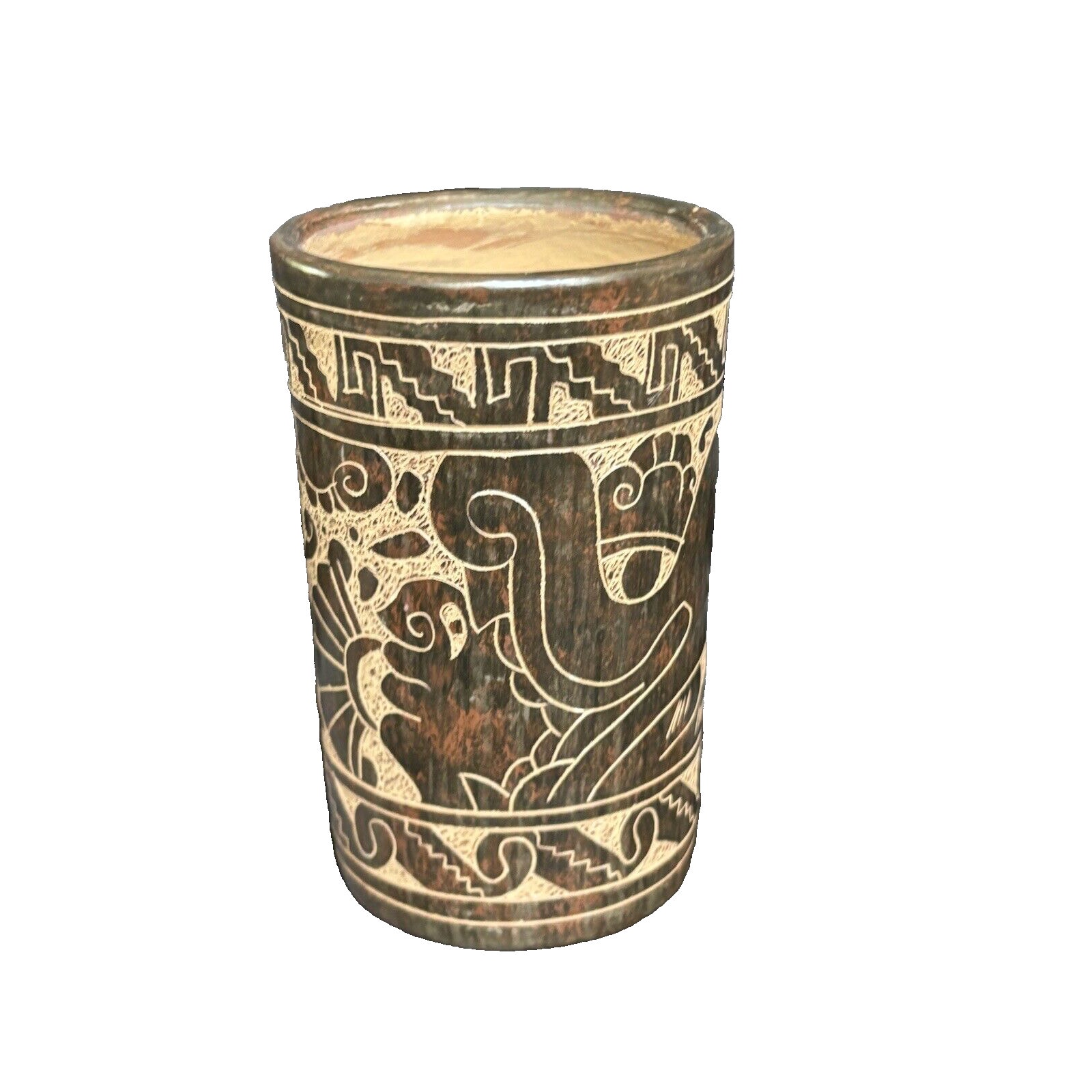 Mayan Art Terracotta Vase Cup Reproduction Mayan Warriors Gods 5 1/4 Signed