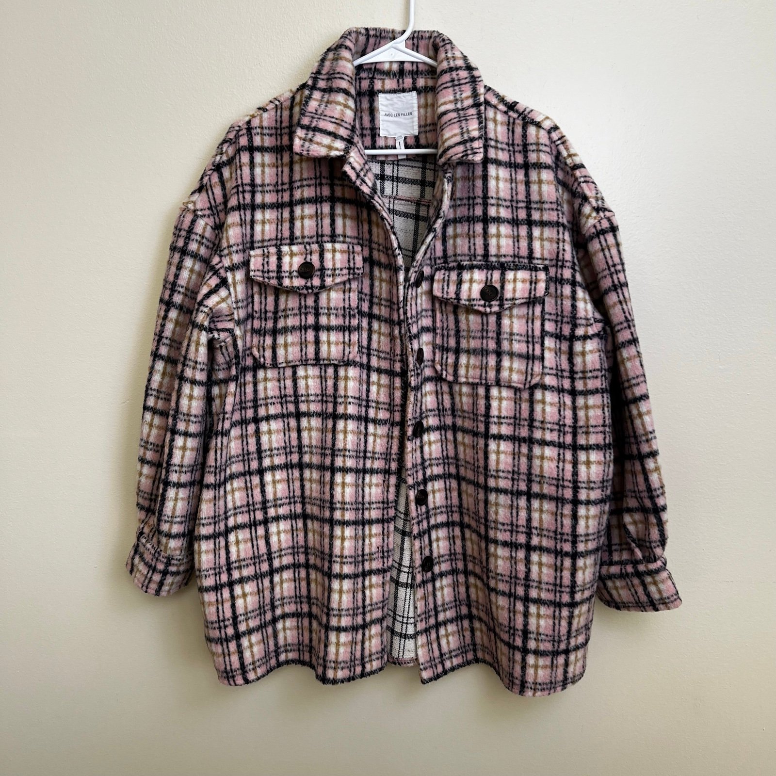 AVEC LES FILLES Plaid Pea Coat Women's Large Oversized Designer Pink & Blue