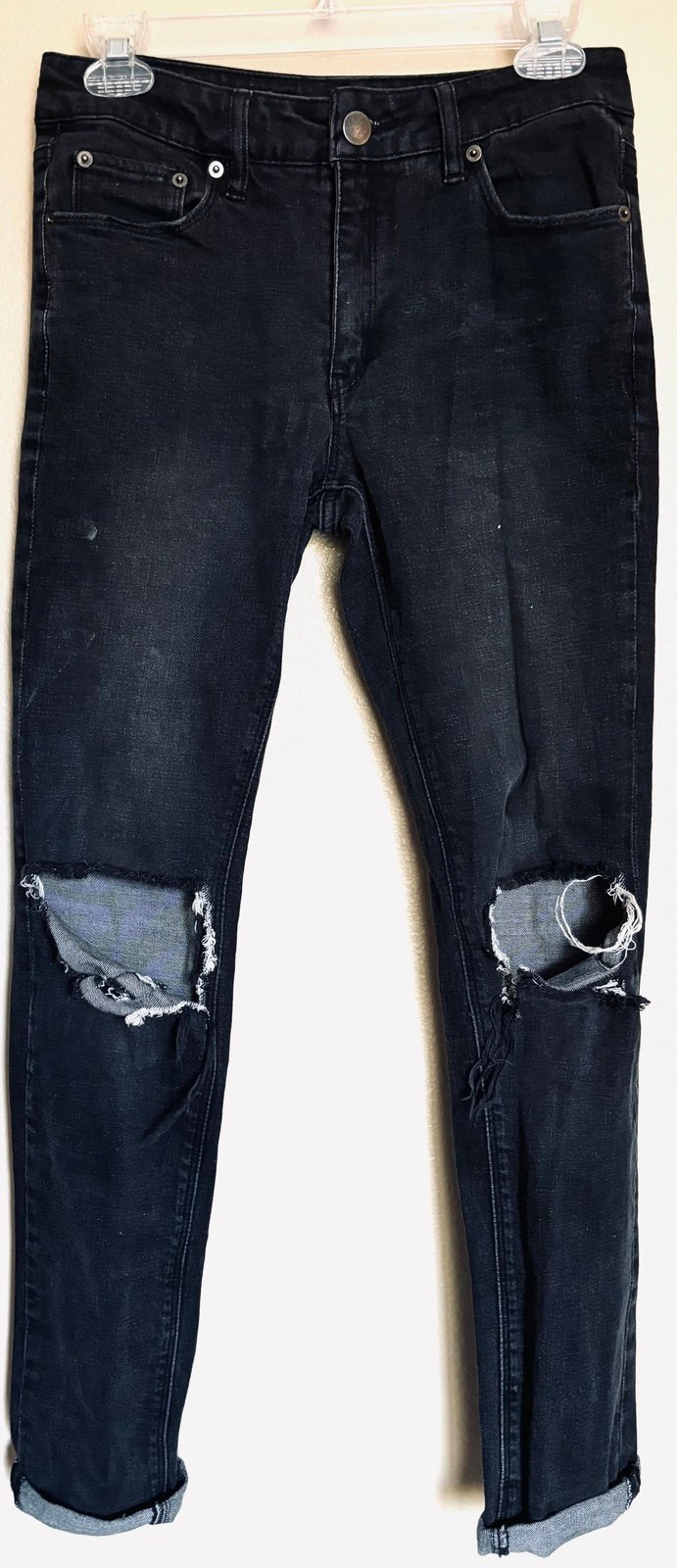 Elwood Distressed Black Denim Jeans, Rolled Cuff, Slim Fit Size 28