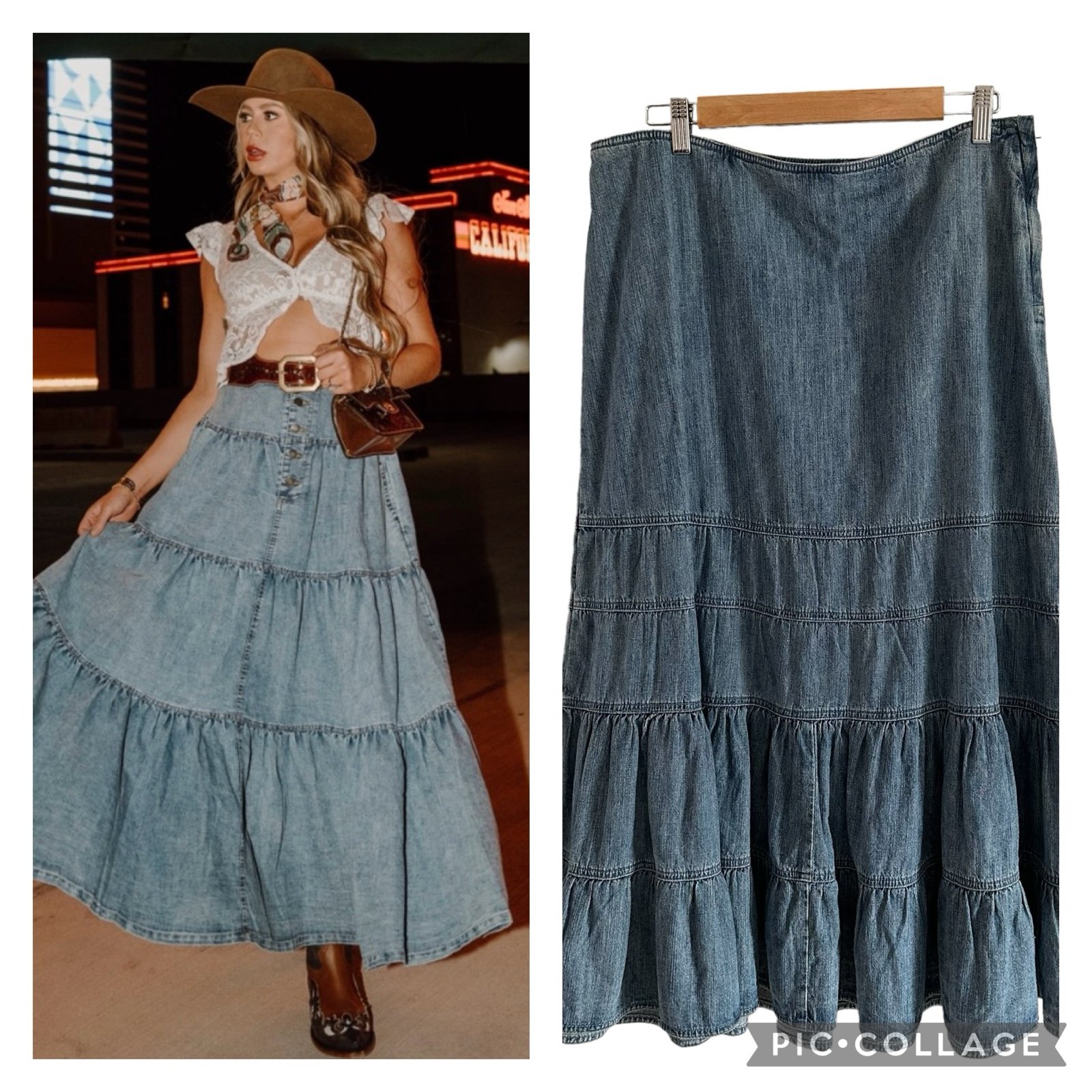 Vintage Christopher Banks Denim Boho Prairie Tiered Jean Midi Skirt
