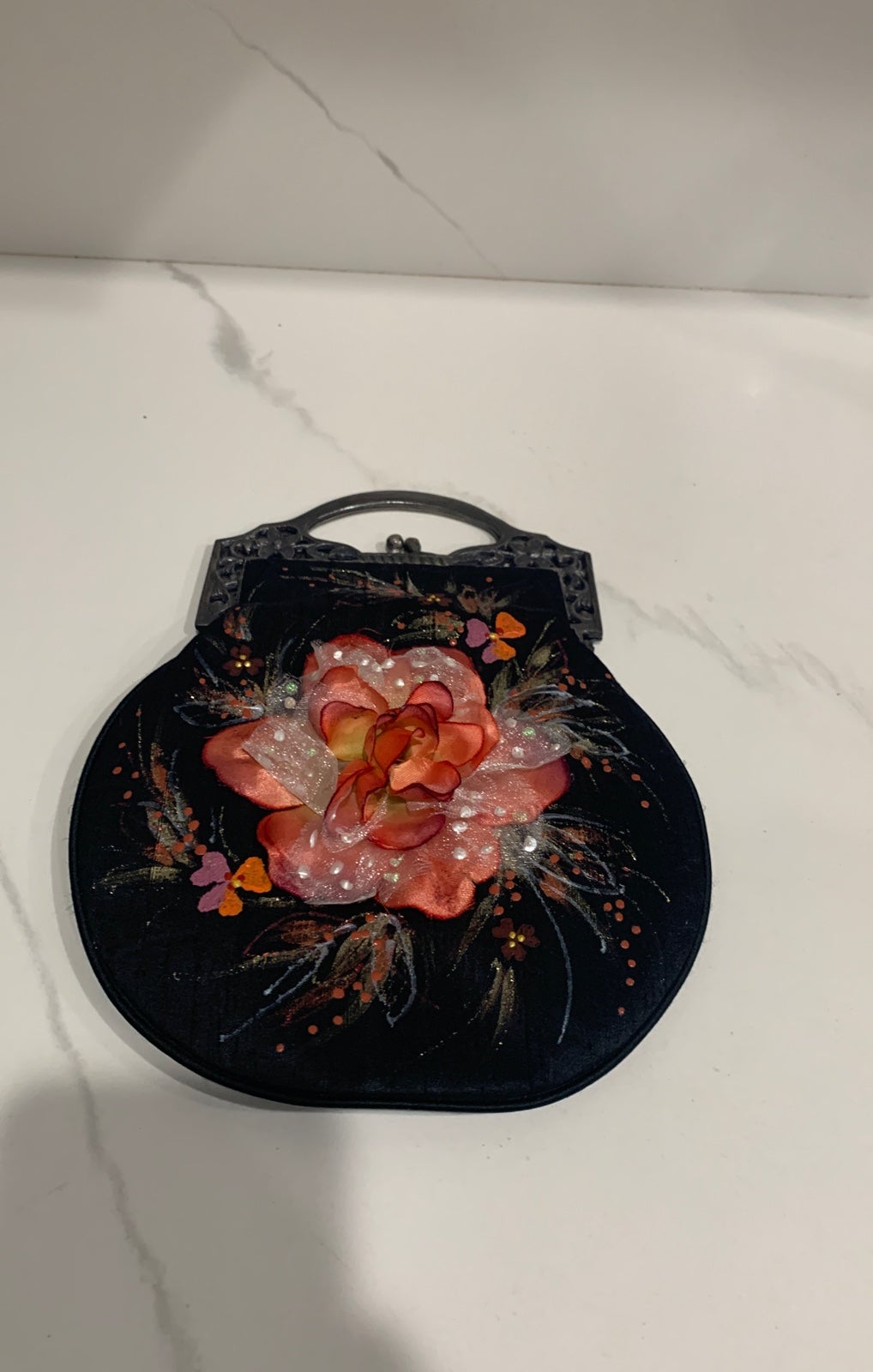 Vintage Black Floral Painted Bag