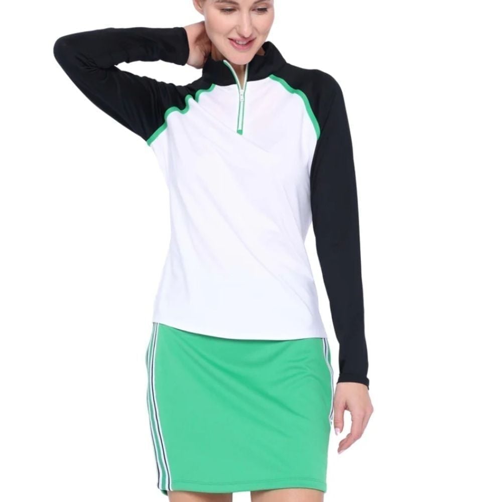NWT Belyn Key Lajolla Raglan Long Sleeve Golf Top Black/White/Green Size Small