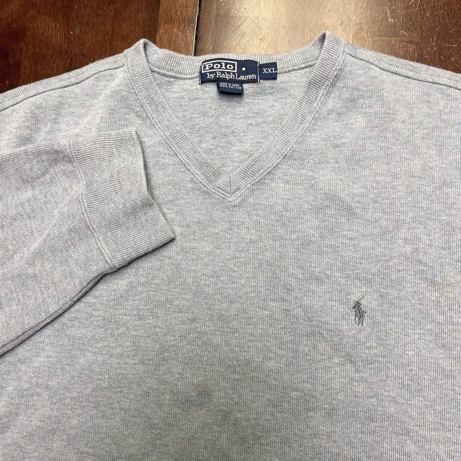 Vintage Polo Ralph Lauren Sweater Mens XXL 2XL Light Gray Blue Pony Cotton VNeck