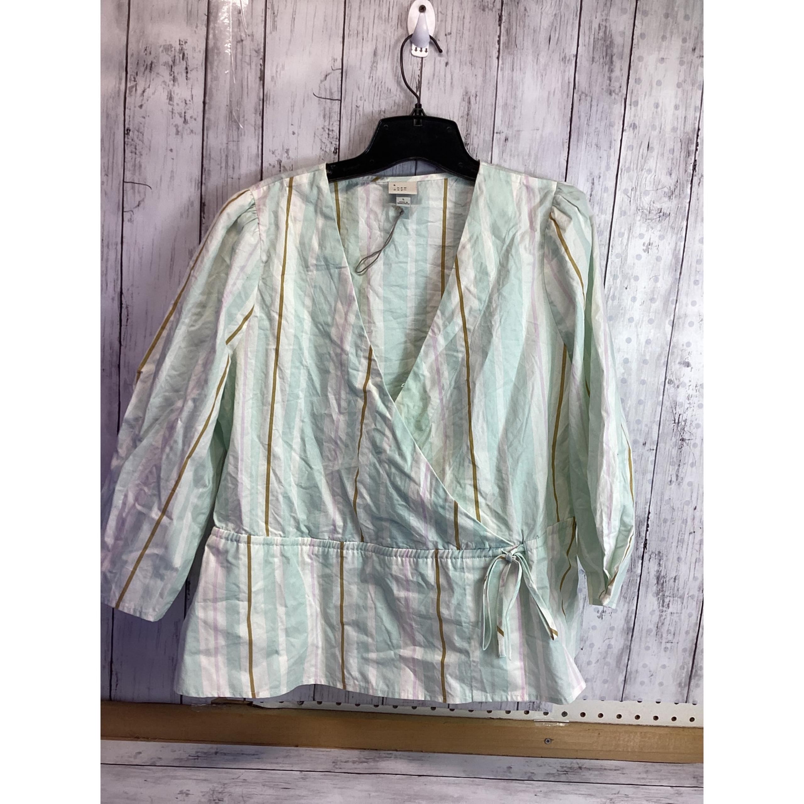Women Wrap Top Green Stripe Long Sleeve Drawstring Waist Large - a new day
