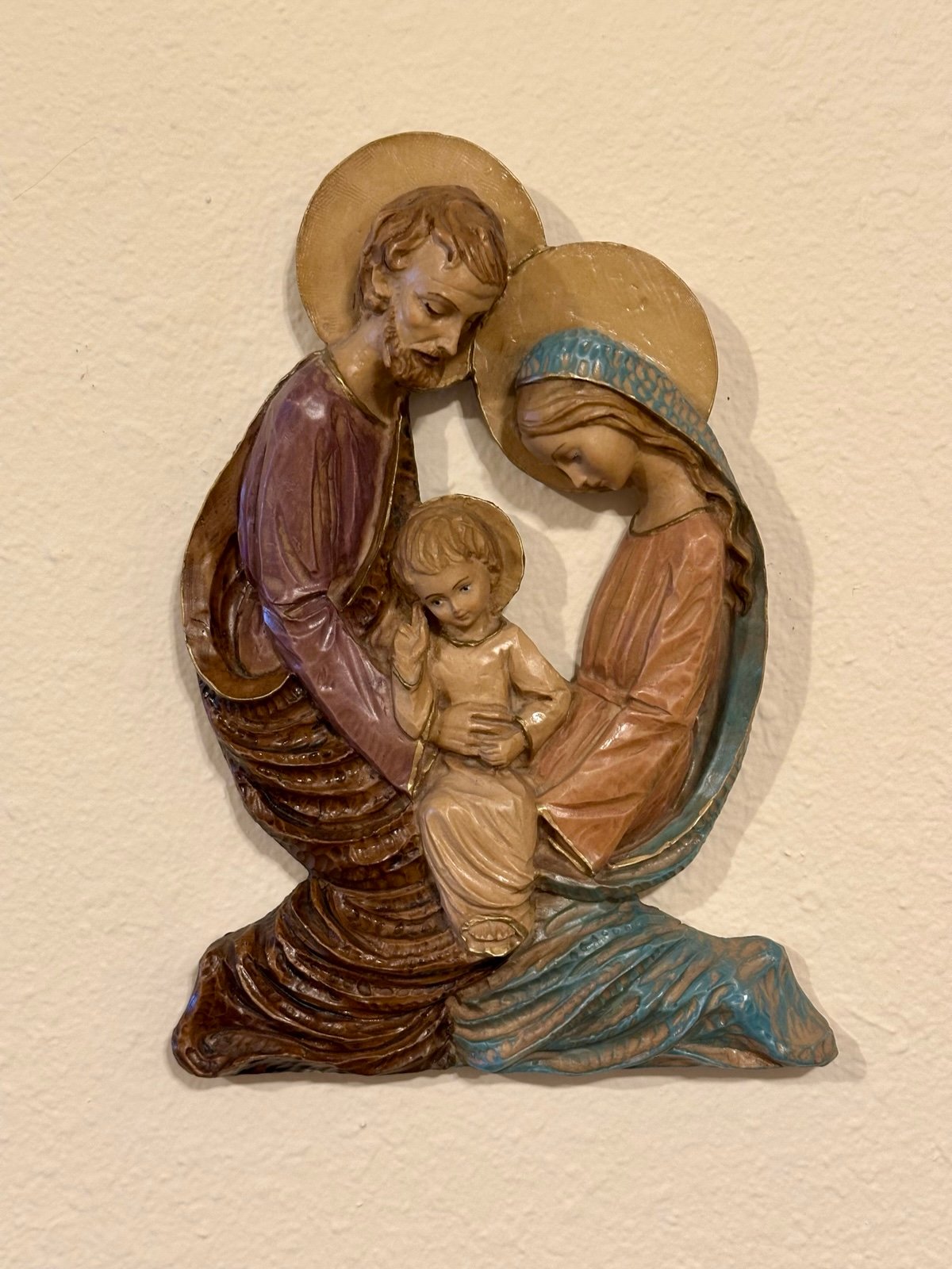 Vintage Dipinto A Mano Italy Holy Family Jesus, Mary & Joseph Wall Hanging