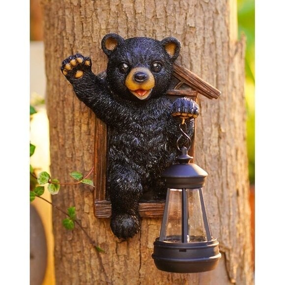 New Black Bear Tree Hugger with Solar Lantern, Garden Statue Outdoor Decor