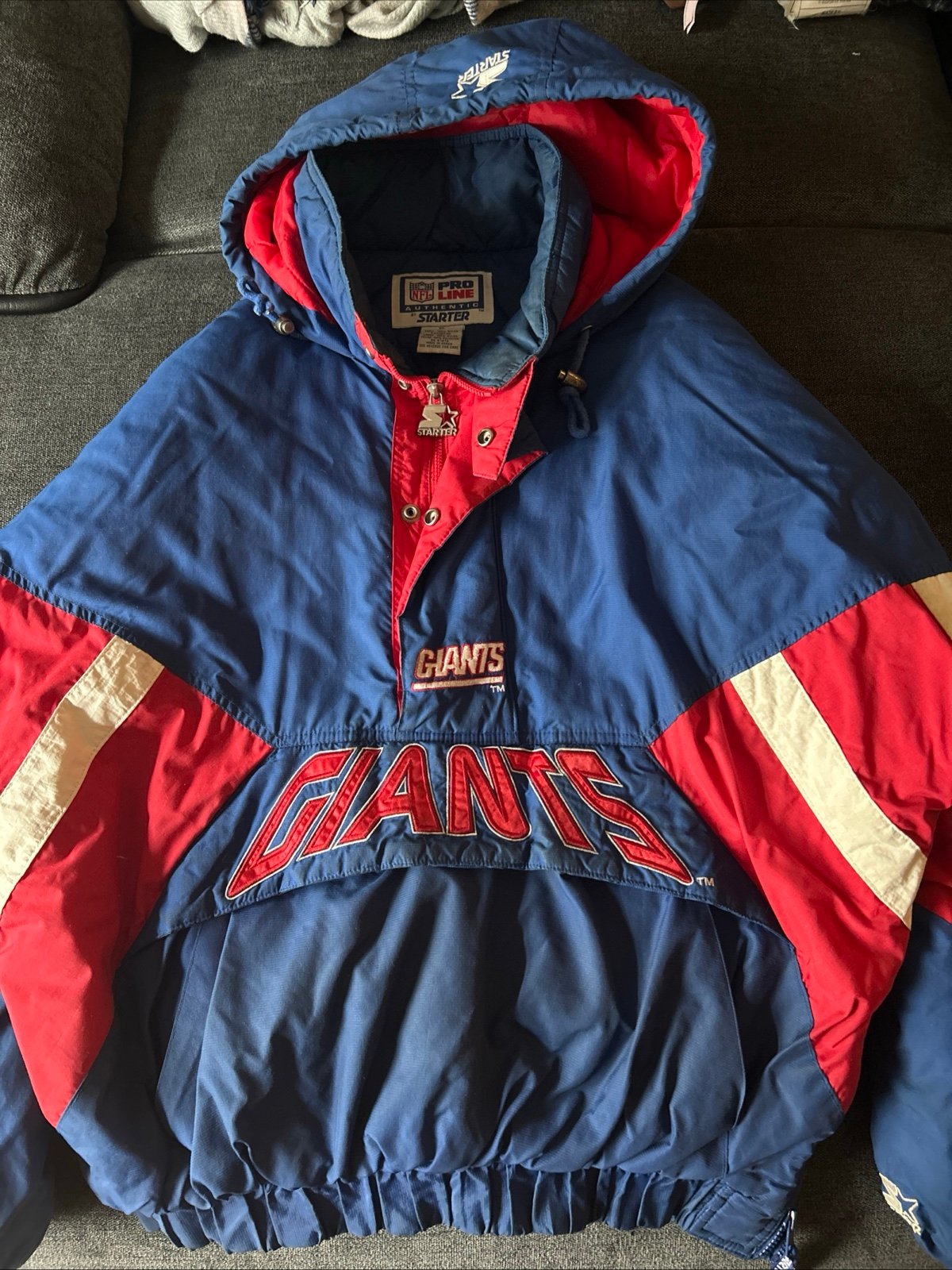 Vtg Starter Pro Line Authentic NY Giants NFL Pullover Hoodie Jacket XL Kangaroo