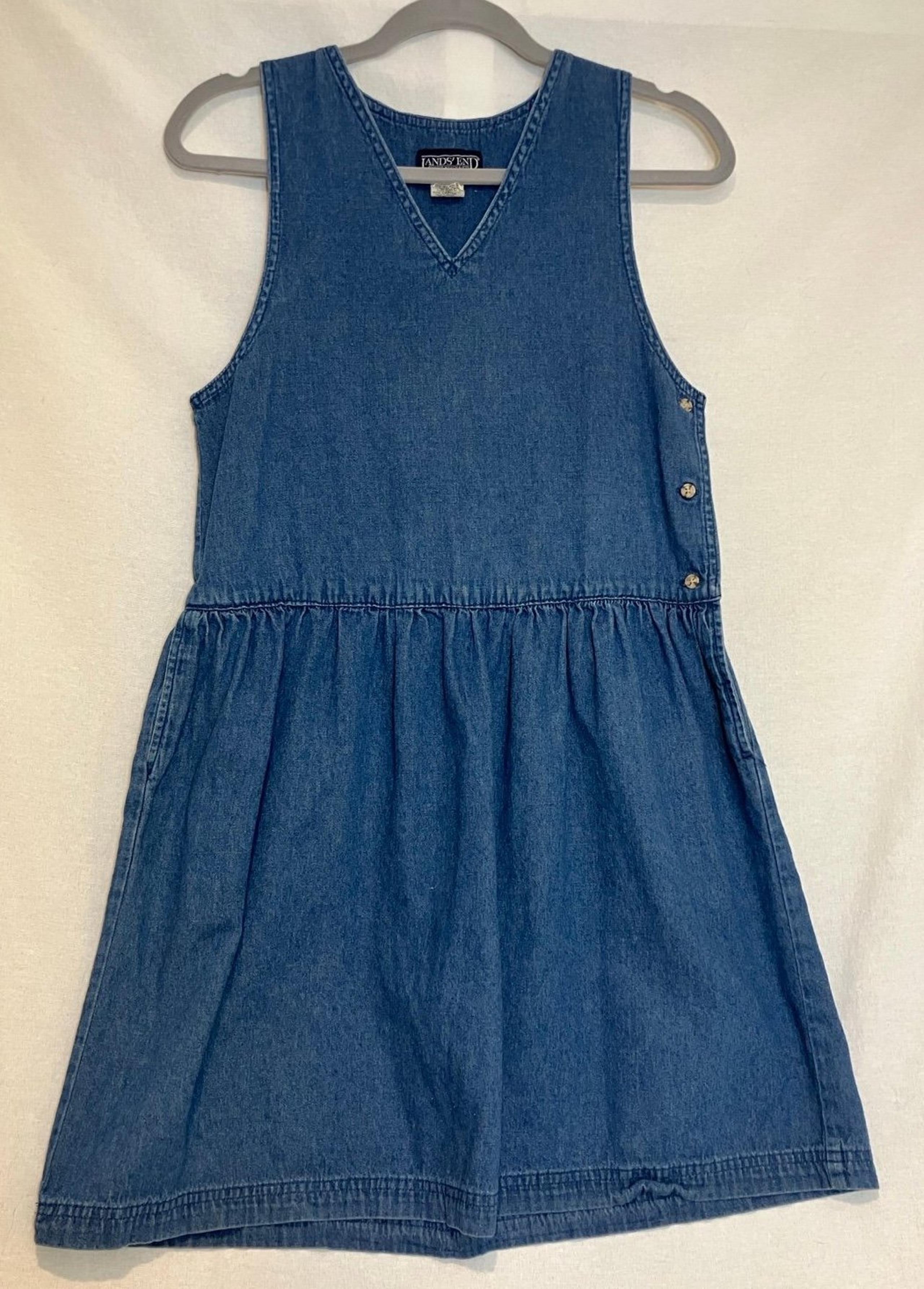 Vintage Lands' End Sleeveless V-neck Denim Dress Women's size Large casual 90's