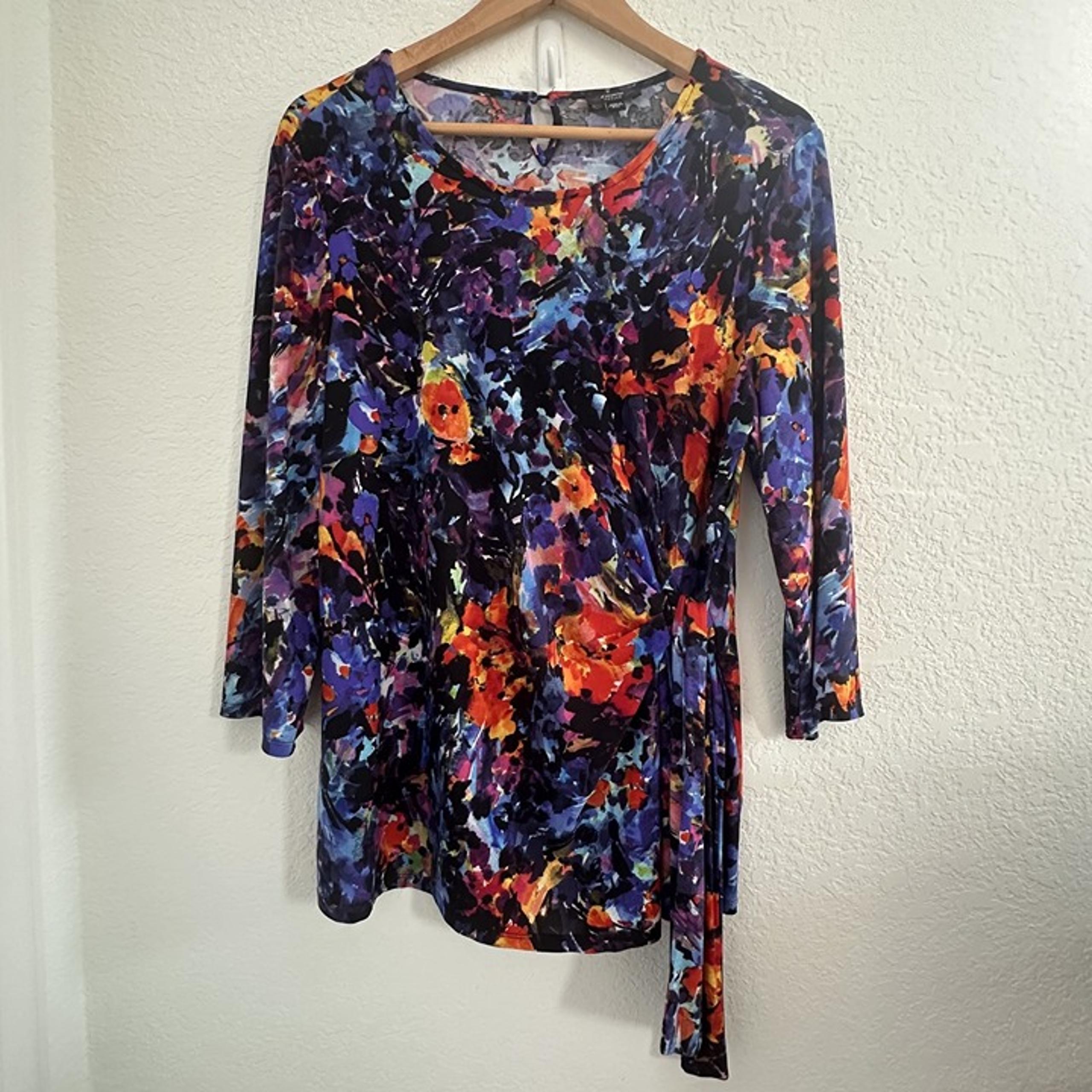 Cocomo Petite Top Womens XL Abstract Floral Side Tie Stretch 3/4 Sleeve Whimsy