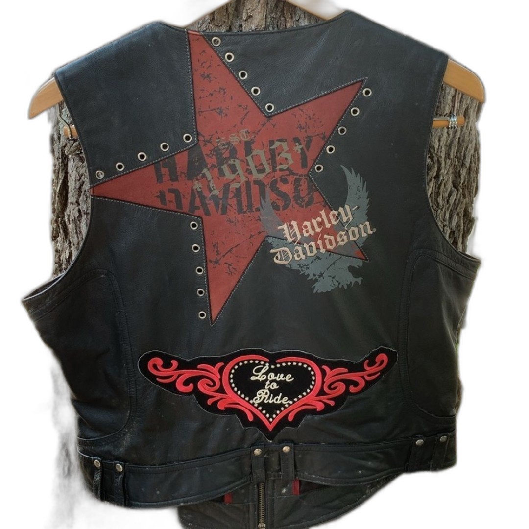 Y2K Vintage Harley-Davidson Ladies Genuine Leather Vest Medium Customized Biker