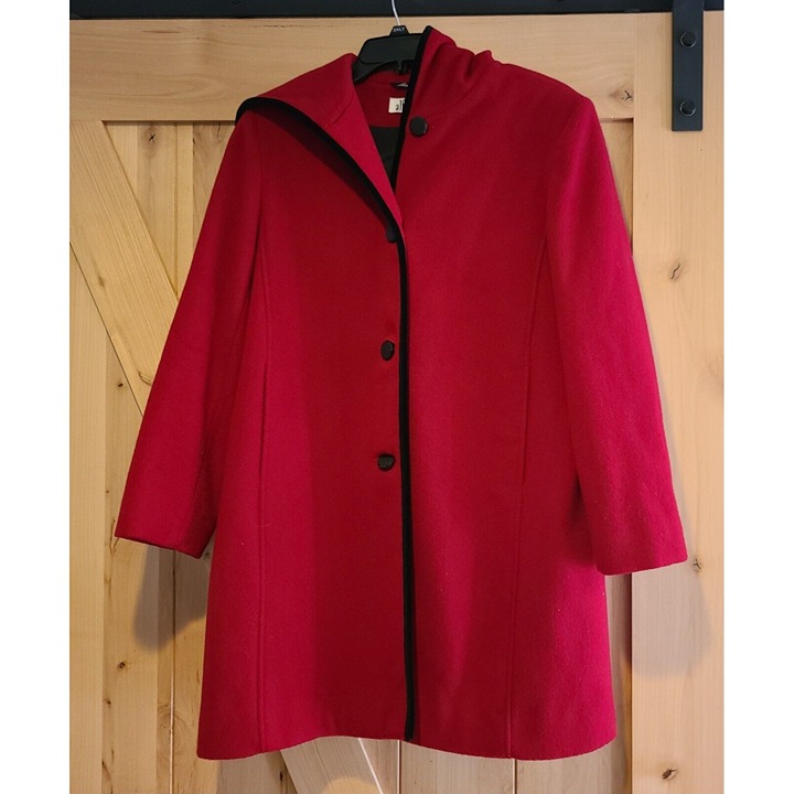 Women 10P Red Wool Black Velvet Hood Coat Vamp Forest Goth Steampunk Riding Hood