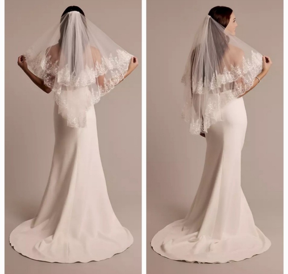 New White Two Tier Sequin Lace Tulle Bridal Veil By David's Bridal