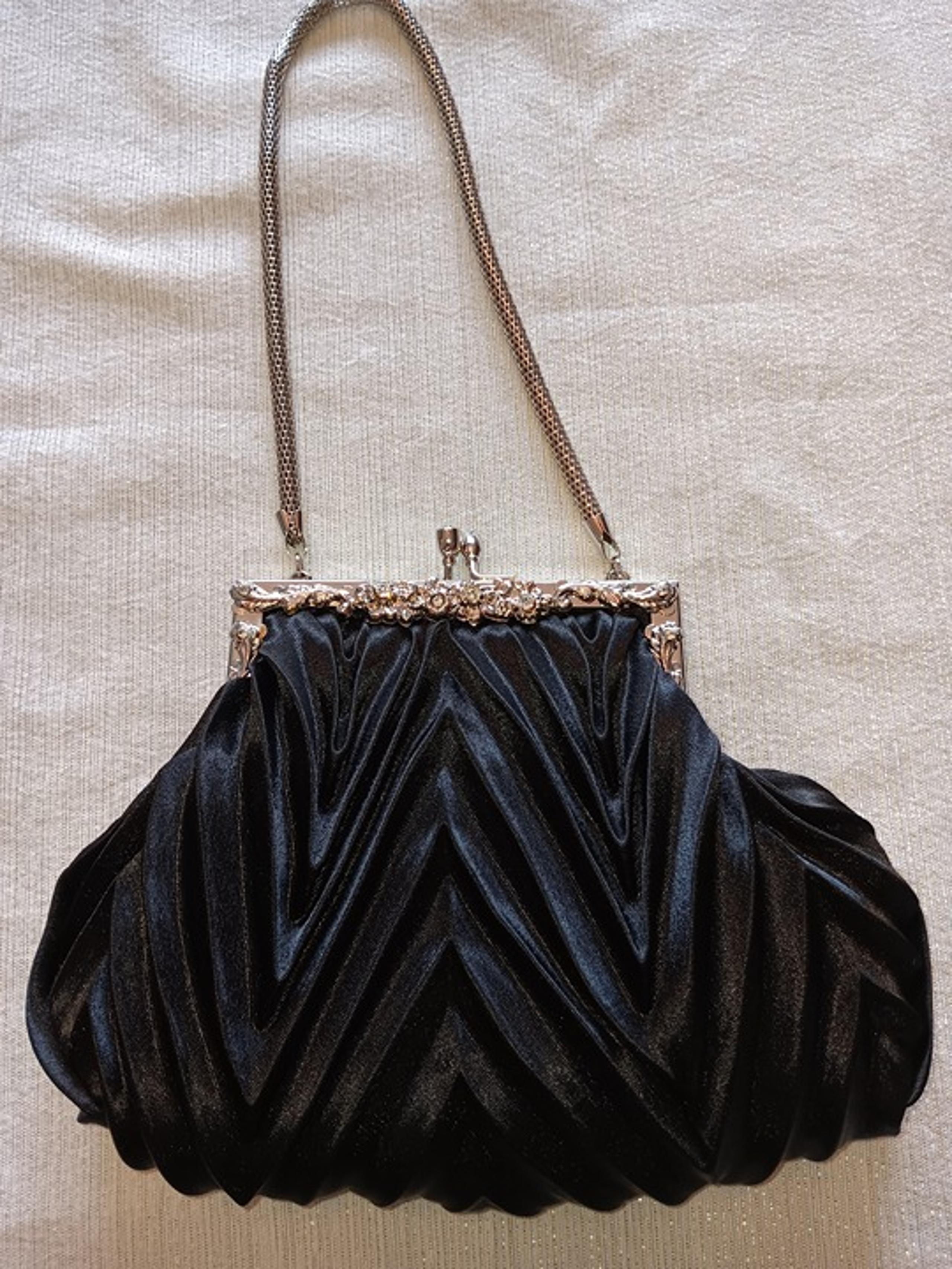 Black Satin rhinestone floral handbag silver tone hardware prom date club party