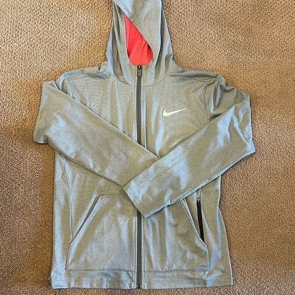 Nike Boys Dri Fit Grey Logo Zip-up Hooded Lightweight Shirt/Jacket - Size XL