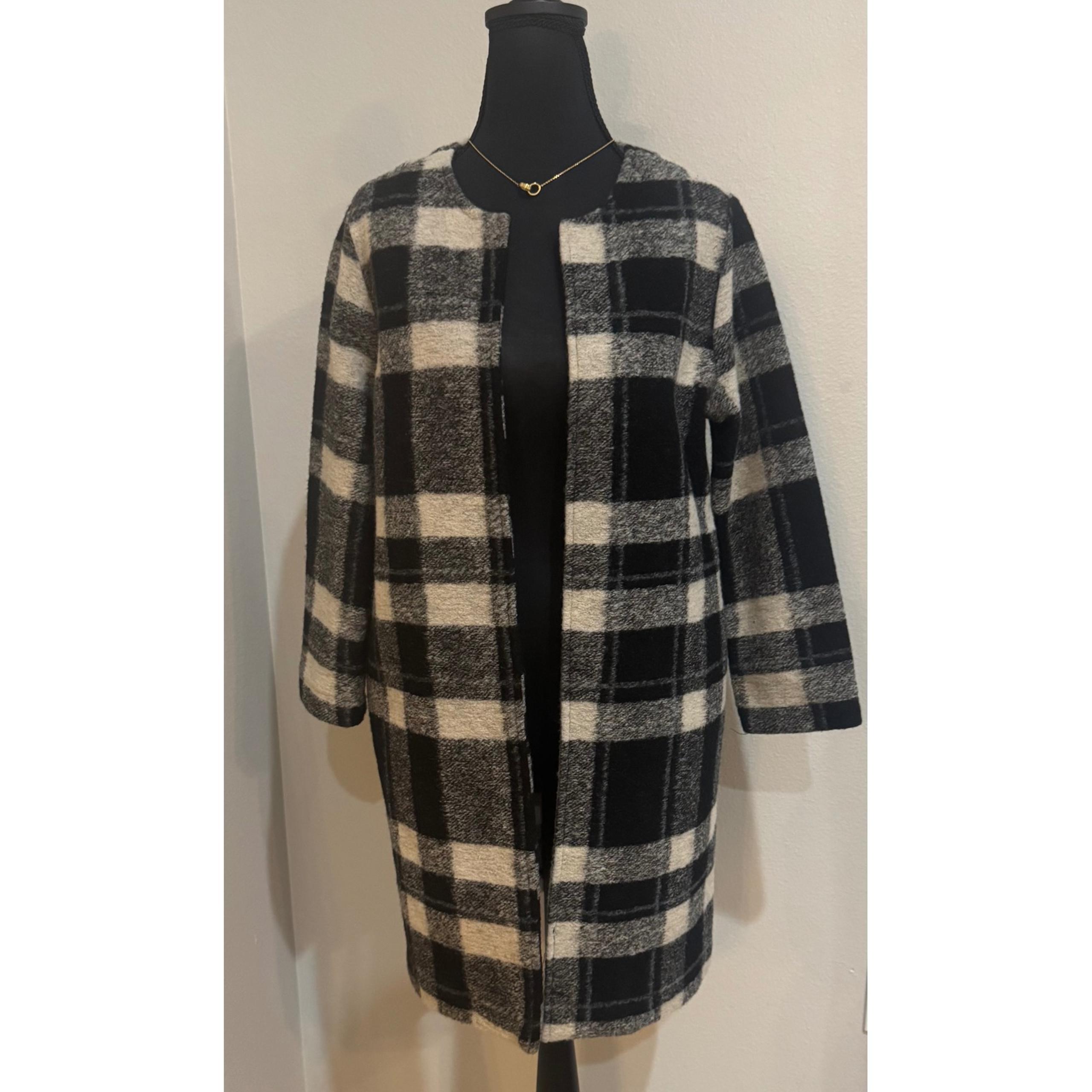 Aspen Plaid Coat Open Front Jacket Black Beige Career Casual Size S