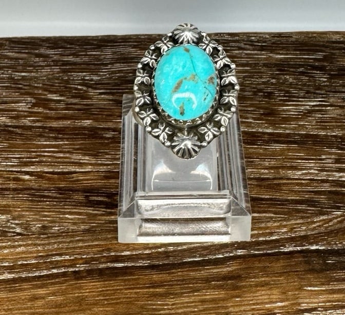 Native Southwest Style 925 Sterling Kingman Turquoise Flower Edged Ring Sz 8.5