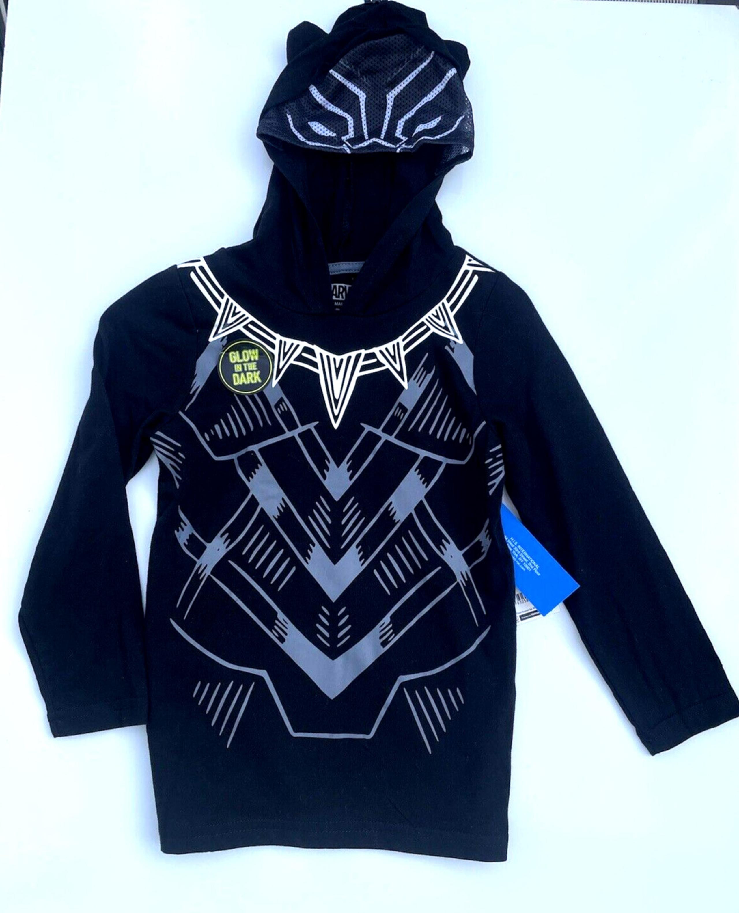 KIDS MARVEL BLACK PANTHER HOODIE MASKED Size 5 Glow in the dark NEW