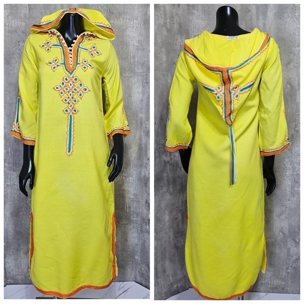 Vintage 60s Glenn Mark Moroccan Embellished Hooded Tunic Dress Festival Costume