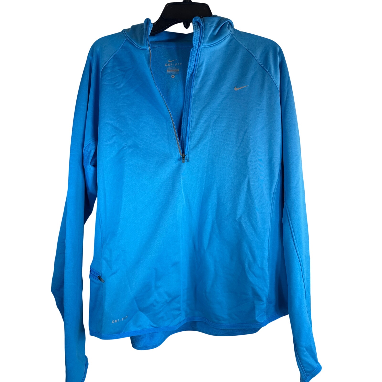 Nike dri fit running with hood, zipper pocket, thumb hole light blue size XL