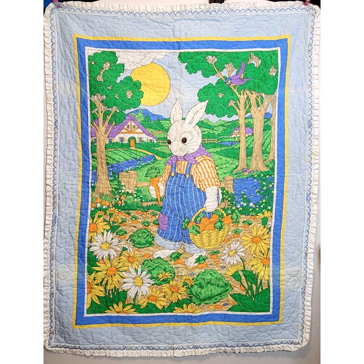 Vintage Baby Quilt Rabbit Gardener Ruffle Edge Crib Size 42 x 33 Inches 80s 90s