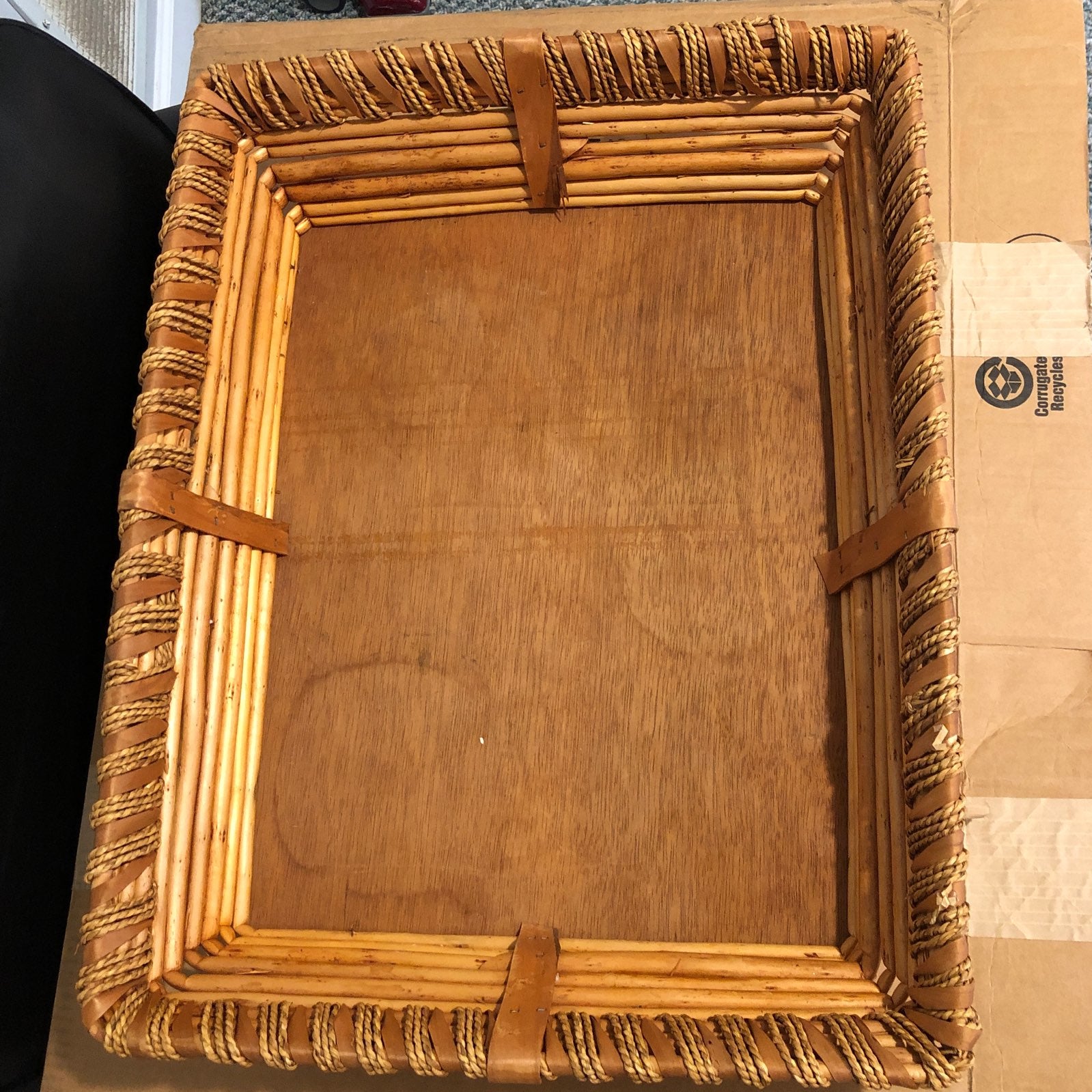 VINTAGE BAMBOO WICKER RECTANGULAR BASKET