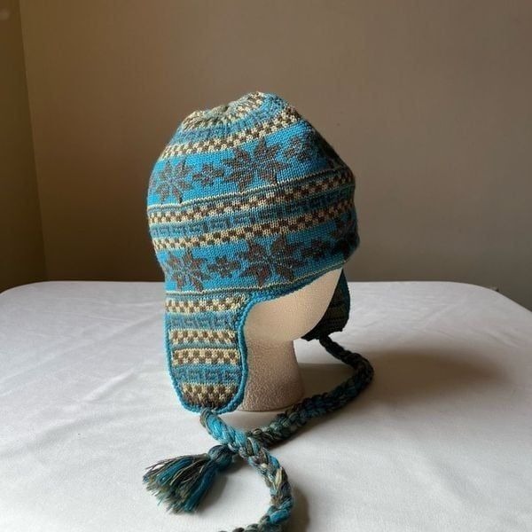Vintage Beanie Knit Ski Hat with Ear Flaps Blue Green Wool Blend One Size