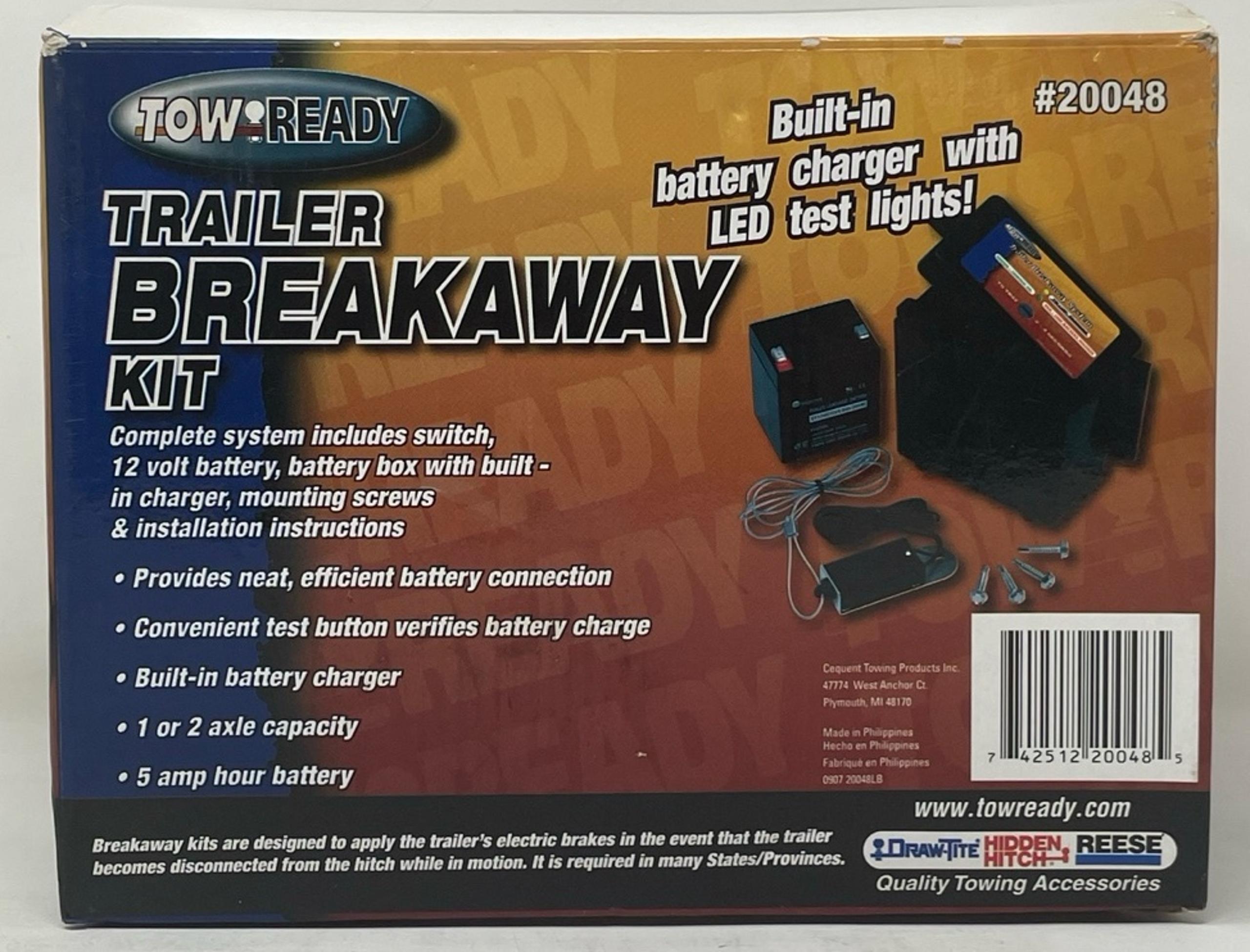 Tow Ready Trailer Breakaway Kit 20048 Built In Battery Charger w/ LED Test Light