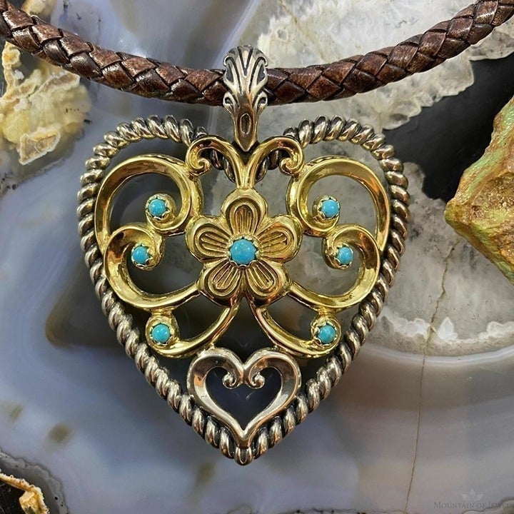 Carolyn Pollack Southwestern Style Sterling & Brass Turquoise Heart Pendant