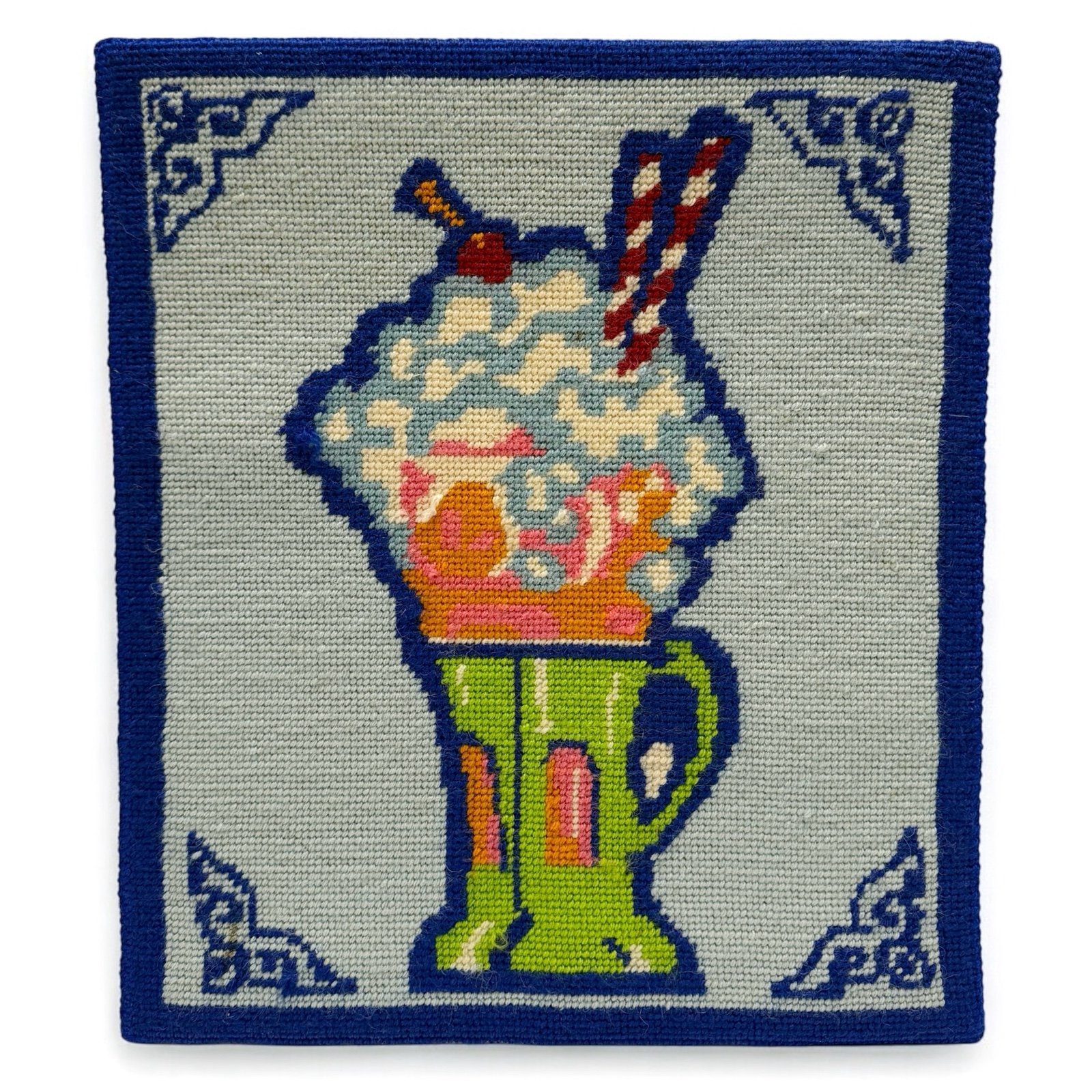 Vintage Colorful Ice Cream Float Sundae Completed Needlepoint Unframed