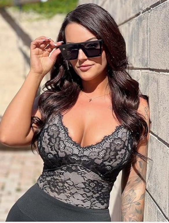 FeelinGirl Shapewear Bodysuits Lace Tummy Control V-Neck Bodysuit Tops Jumpsuit
